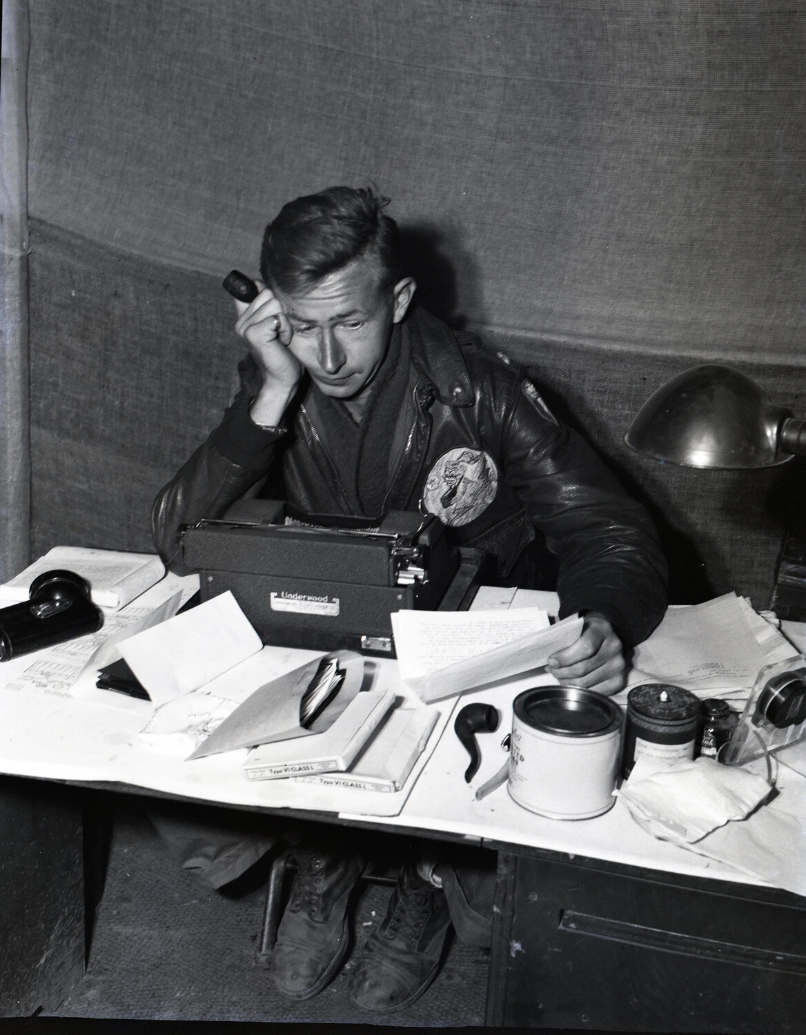 Airman at Field Desk with Typewriter, China-Burma-India Theater, WWII