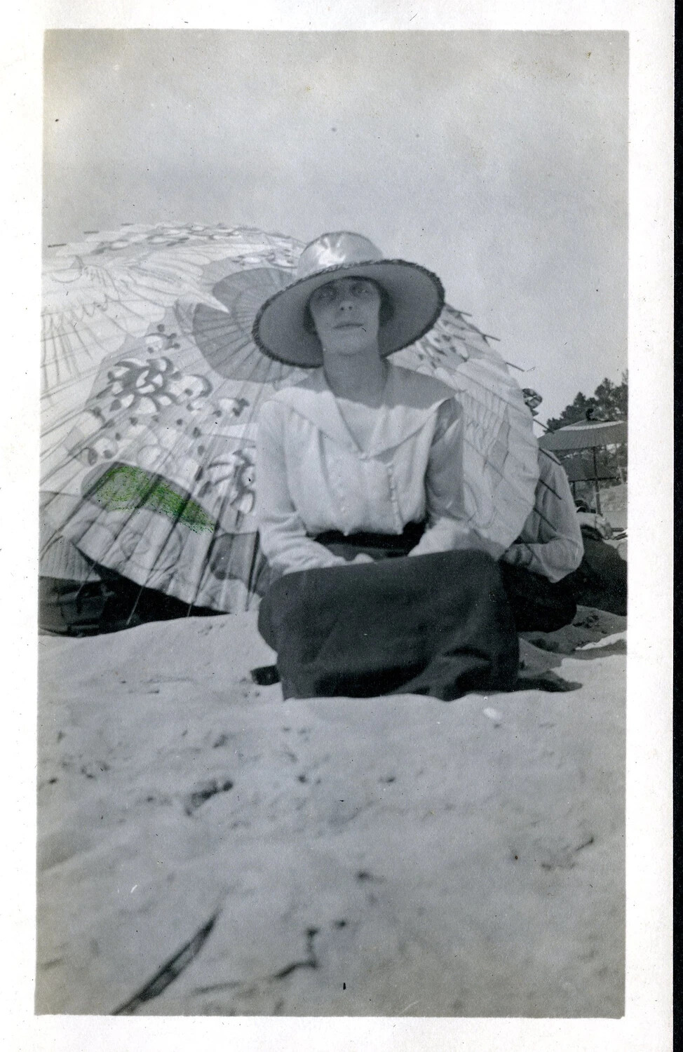 Young Woman with Decorative Parasol on Beach Dune, WWI-Era Personal Photo Album