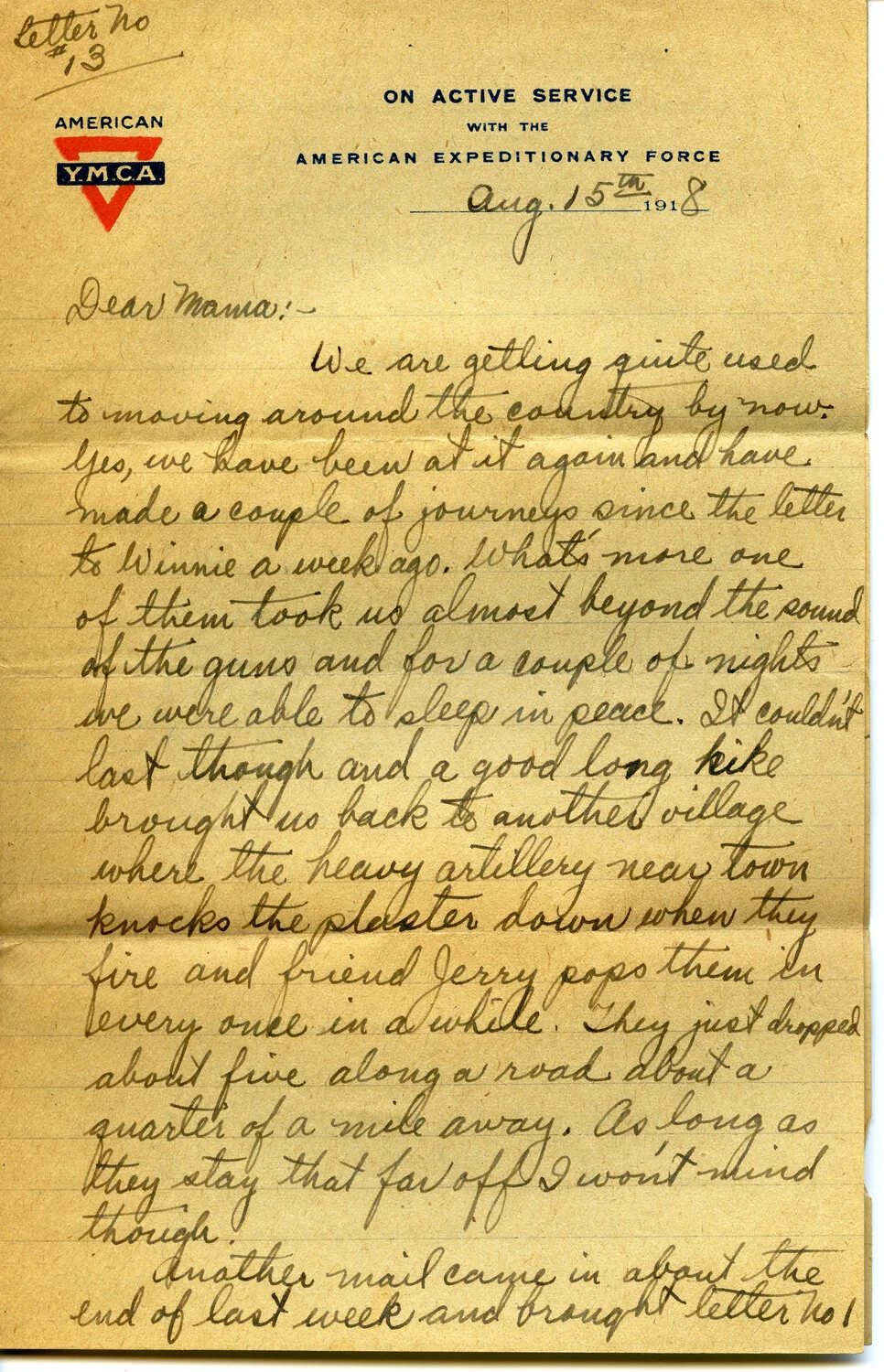 Handwritten WWI Letter No. 13 from Pvt. Willis W. Wagener to His Mother, August 15, 1918