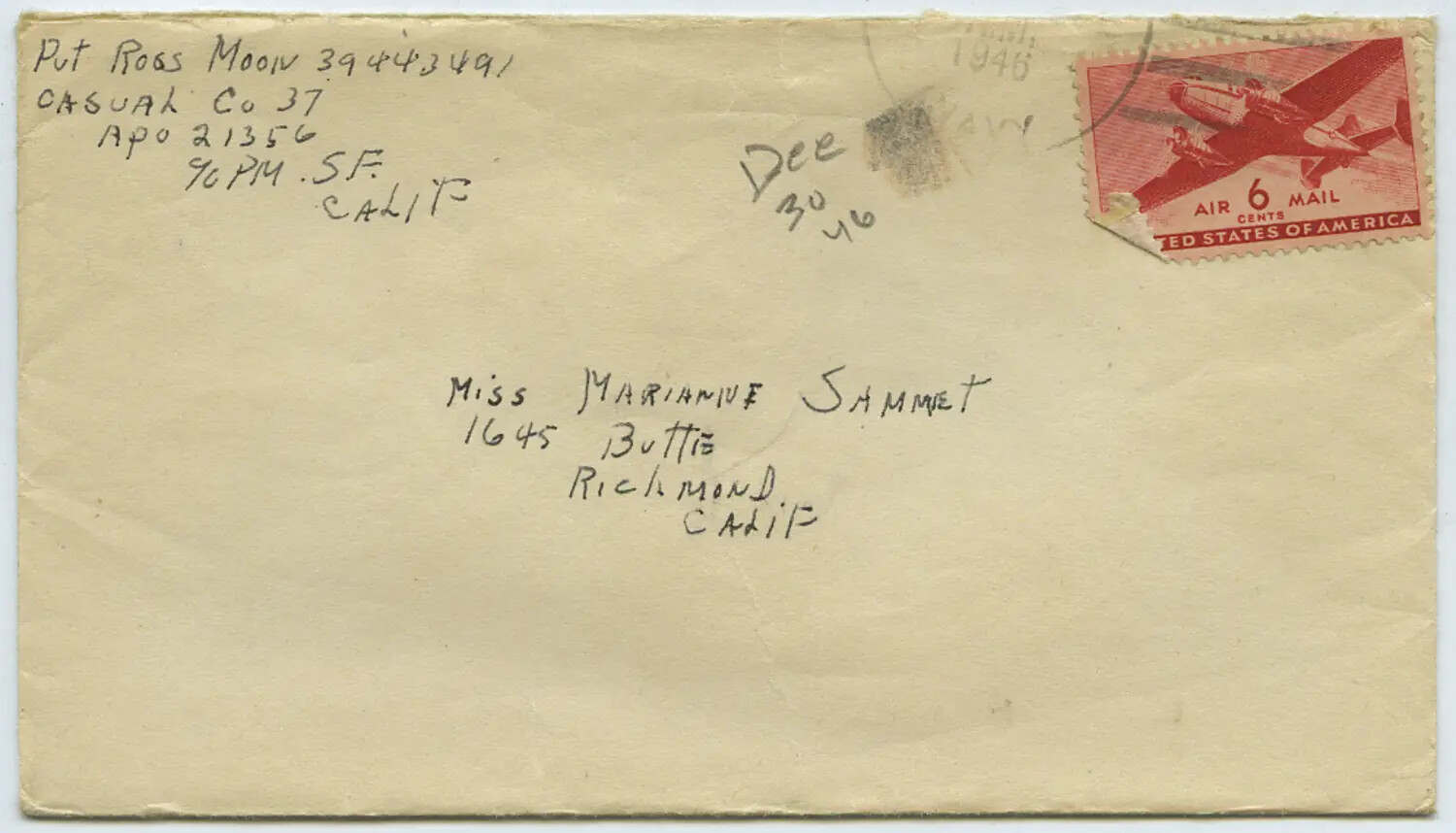 Envelope from Pvt. Ross Moon (APO 21356) to Miss Marianne Sammet, Richmond, California, December 1946