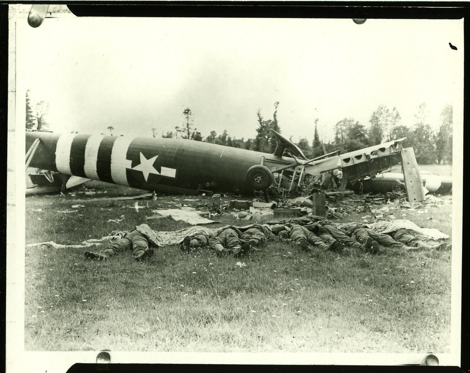 Crashed Waco CG-4A Glider with Invasion Stripes and Fatalities, Normandy, June 1944