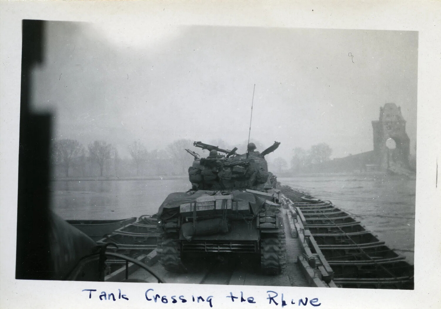"Tank Crossing the Rhine" -- 44th Infantry Division Armor on Pontoon Bridge, March 1945