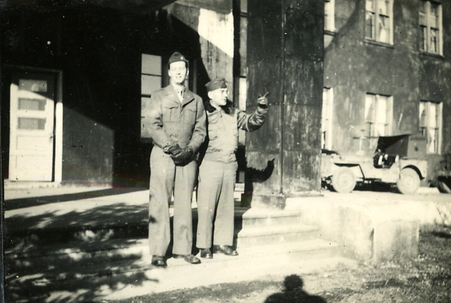 Two U.S. Servicemen on Building Portico, Allied Occupation of Japan, Postwar Era