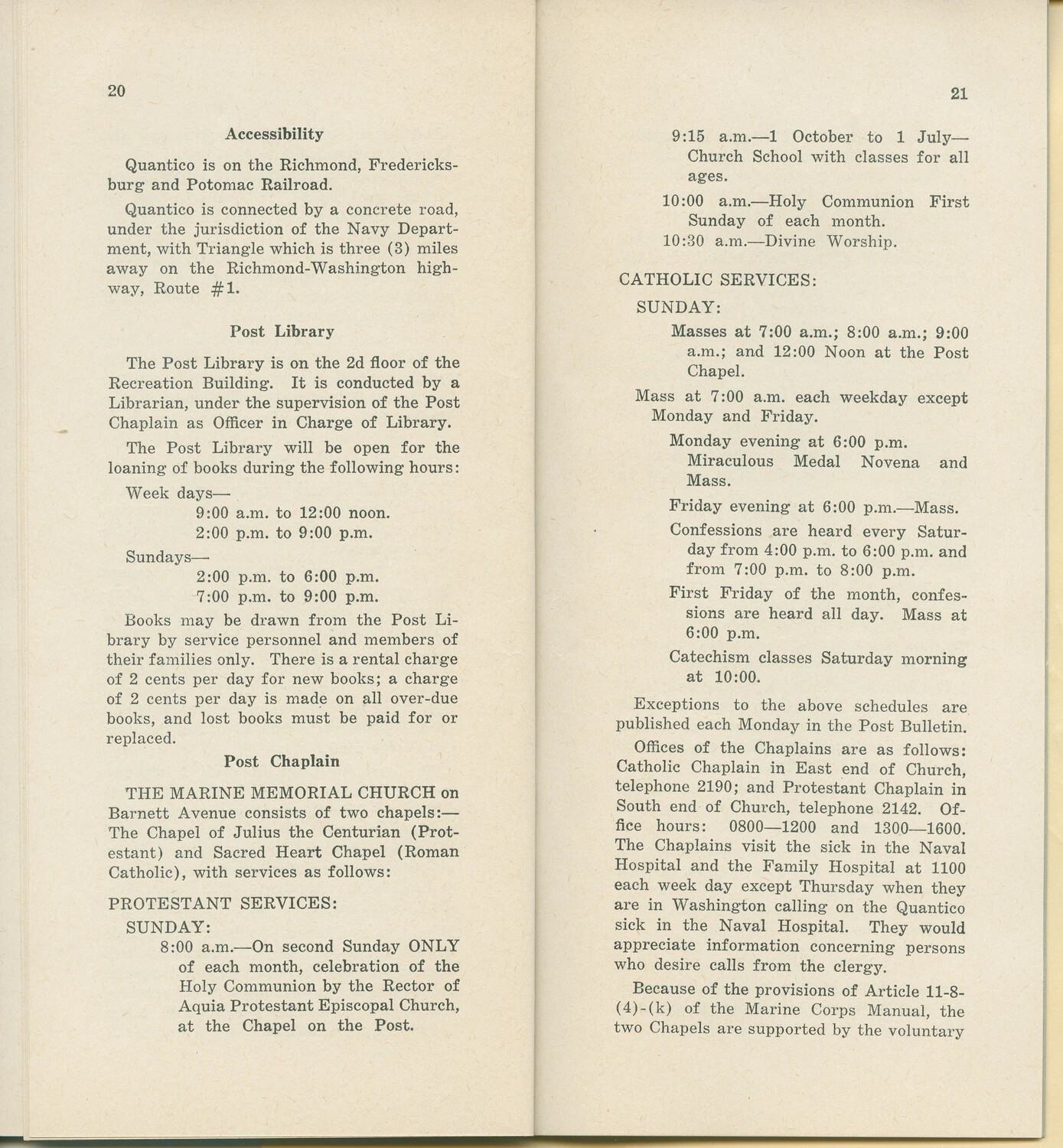 Marine Corps Base Quantico Orientation Booklet, Pages 20-21 (Accessibility, Post Library, Post Chaplain Services)
