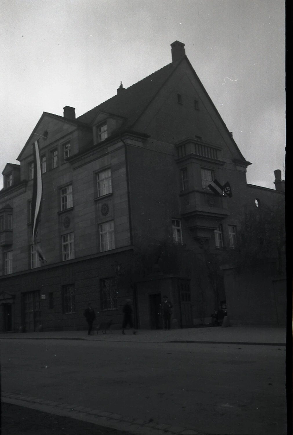 Large Official Building with Nazi-Era Flags Displayed, German Street Corner, 1930s-1940s