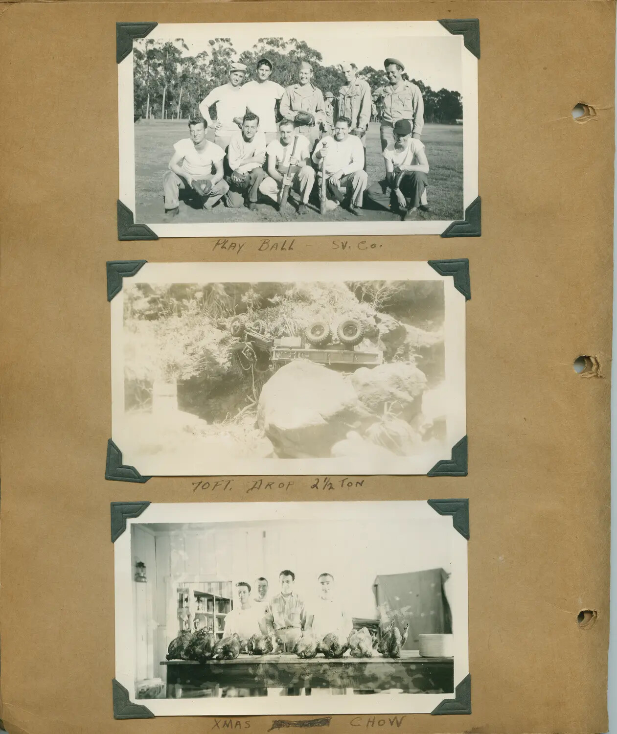 Hawaii WWII Album Page - Service Company Baseball, Wrecked 2½-Ton Truck, and Christmas Chow