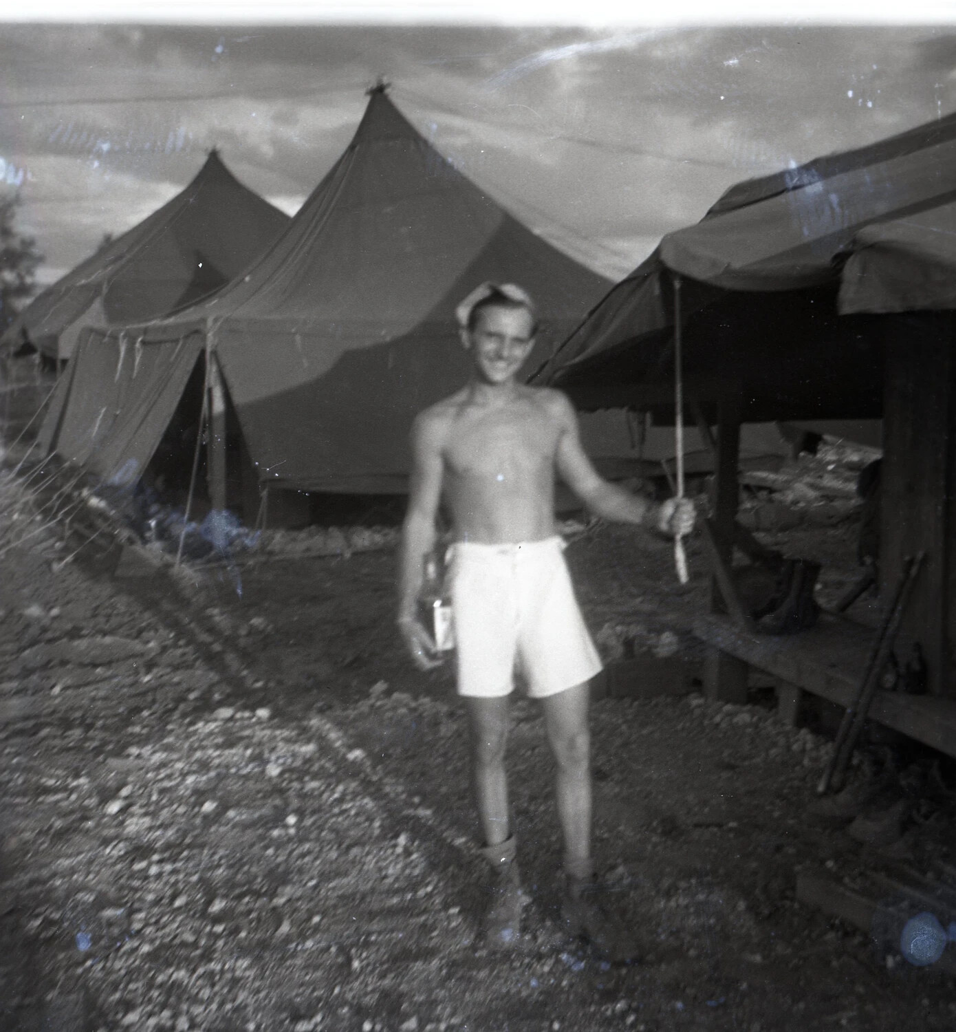 Off-Duty Airman in Camp, 345th Bomb Group Encampment, Ie Shima, WWII