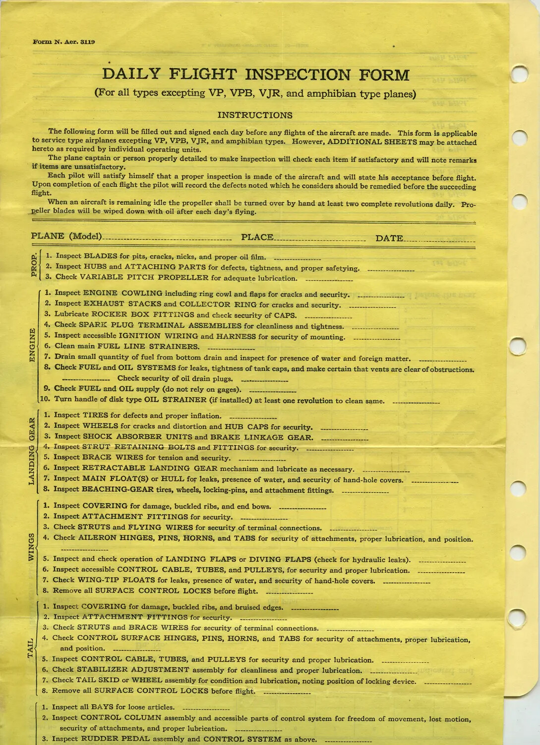 U.S. Navy Form N. Aer. 3119 — Daily Flight Inspection Form (Blank, Unused)