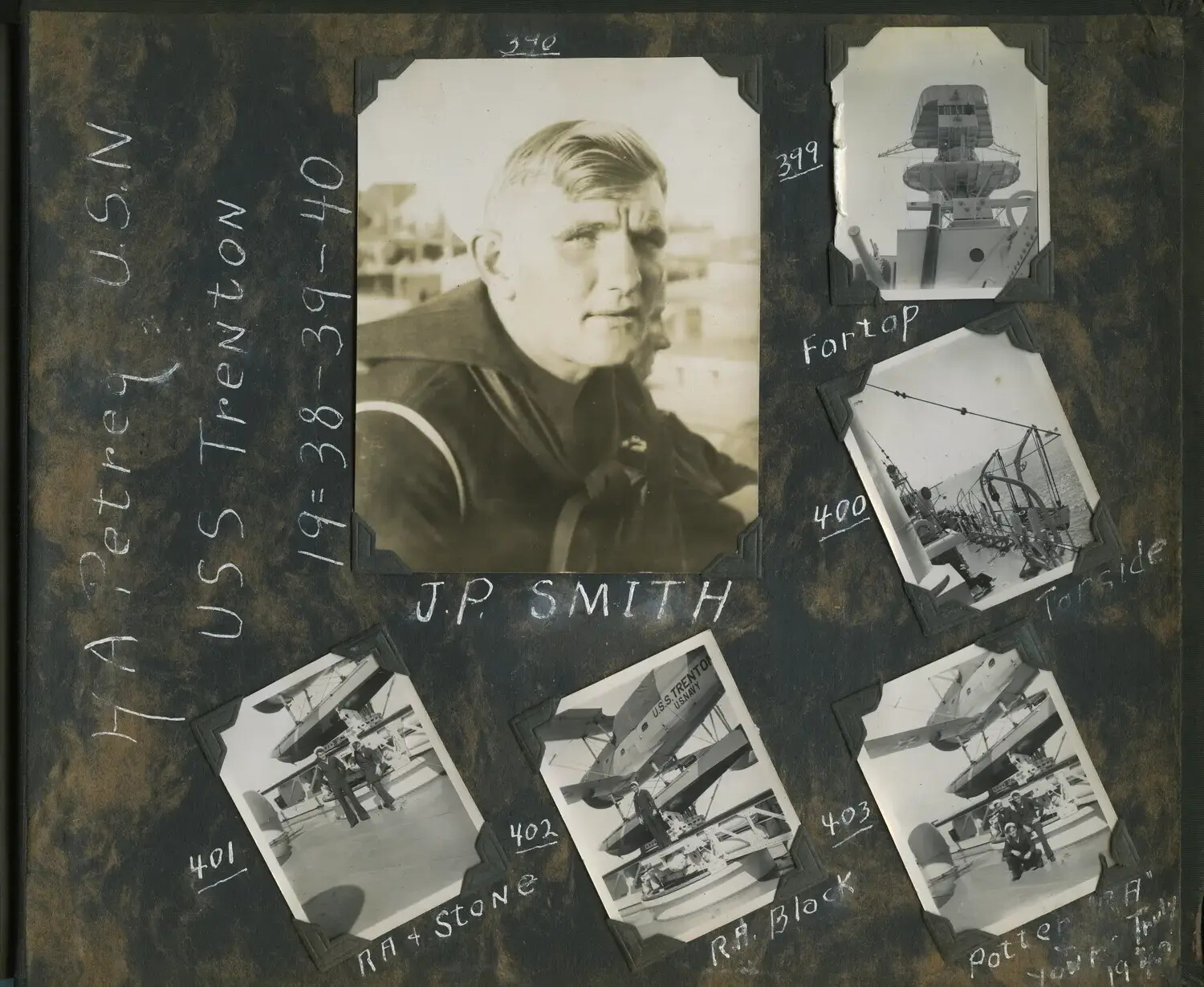 Photo Album Dedication Page: Sailor Portrait 'J.P. Smith' and USS Trenton Scout Aircraft, 1938-1940