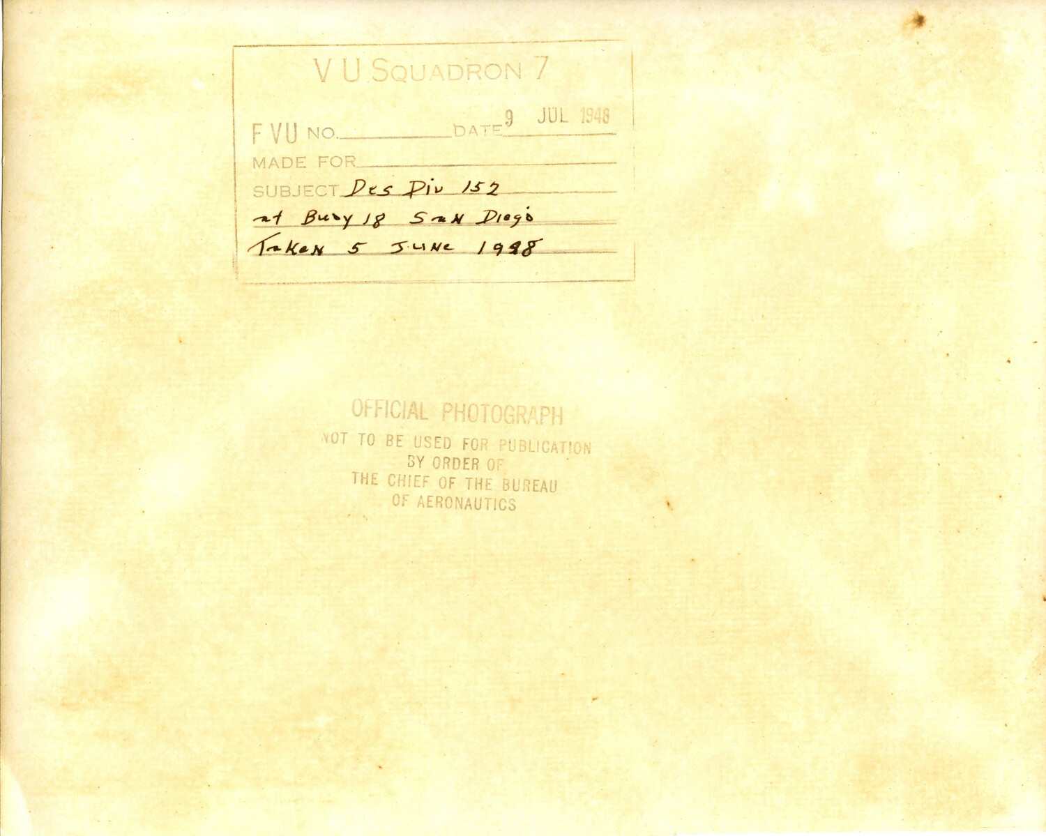 Verso of Official U.S. Navy Photograph: Destroyer Division 152, San Diego, 1948