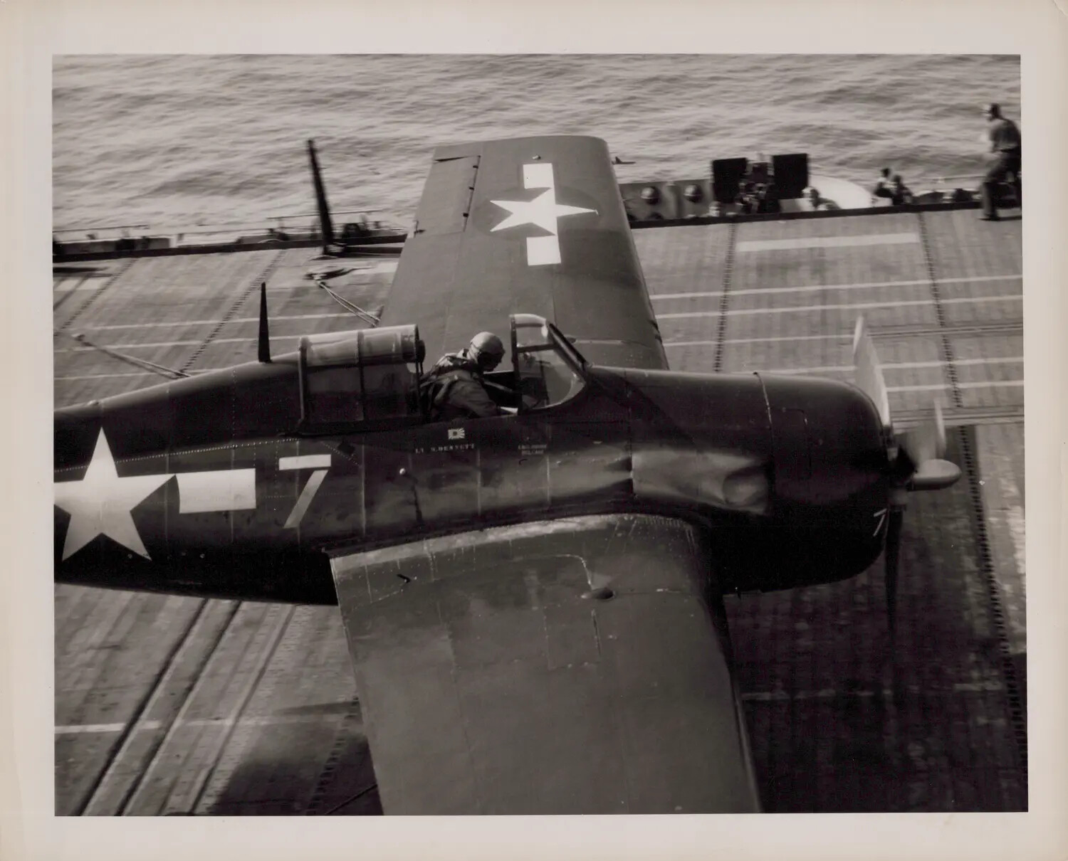 Carrier Fighter Aircraft on Flight Deck of U.S.S. Petrof Bay (CVE-80) with Pilot in Cockpit, April 16, 1945