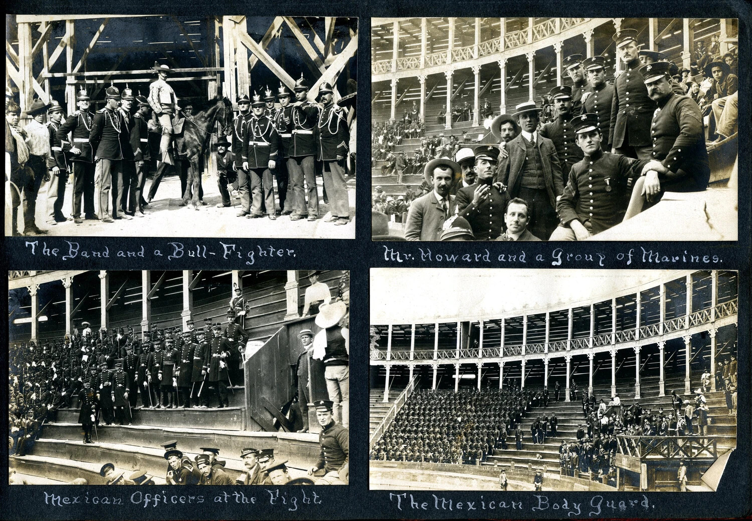 Album Page: 'The Band and a Bull-Fighter,' 'Mr. Howard and a Group of Marines,' 'Mexican Officers at the Fight,' and 'The Mexican Body Guard' — U.S. Navy Liberty Party at a Mexican Bullring, c. 1898-1910