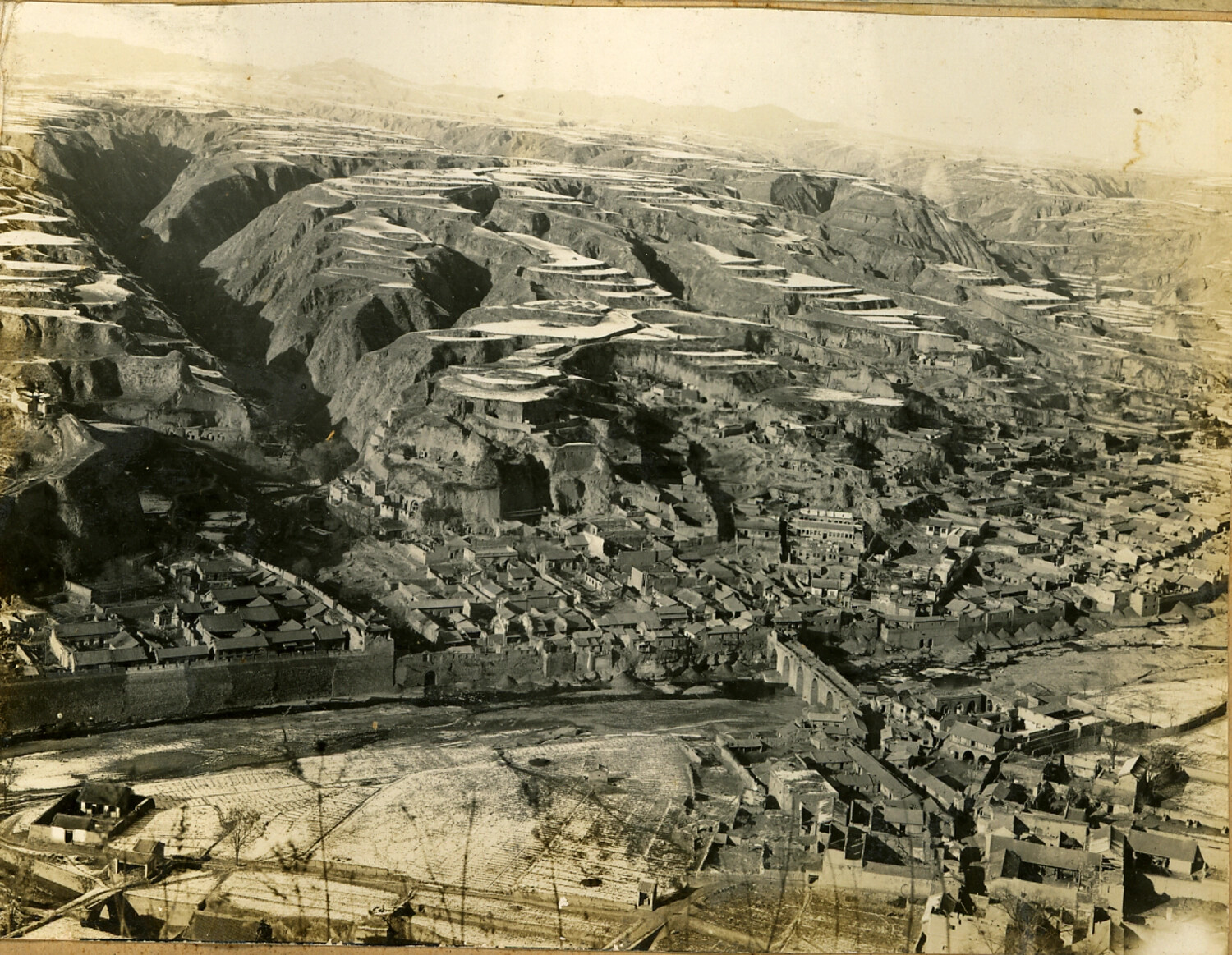 Aerial/Elevated View of a Walled Town on the Loess Plateau, Northern China - WWII Japanese Photo Album