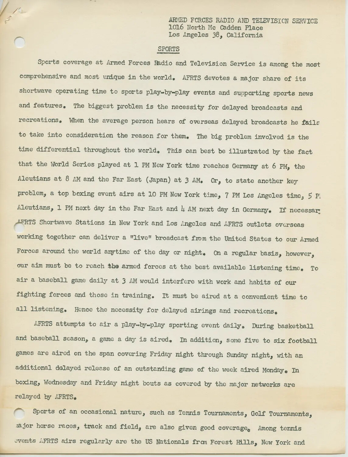 AFRTS Internal Memorandum: 'Sports' Broadcasting Operations, Armed Forces Radio and Television Service, Los Angeles