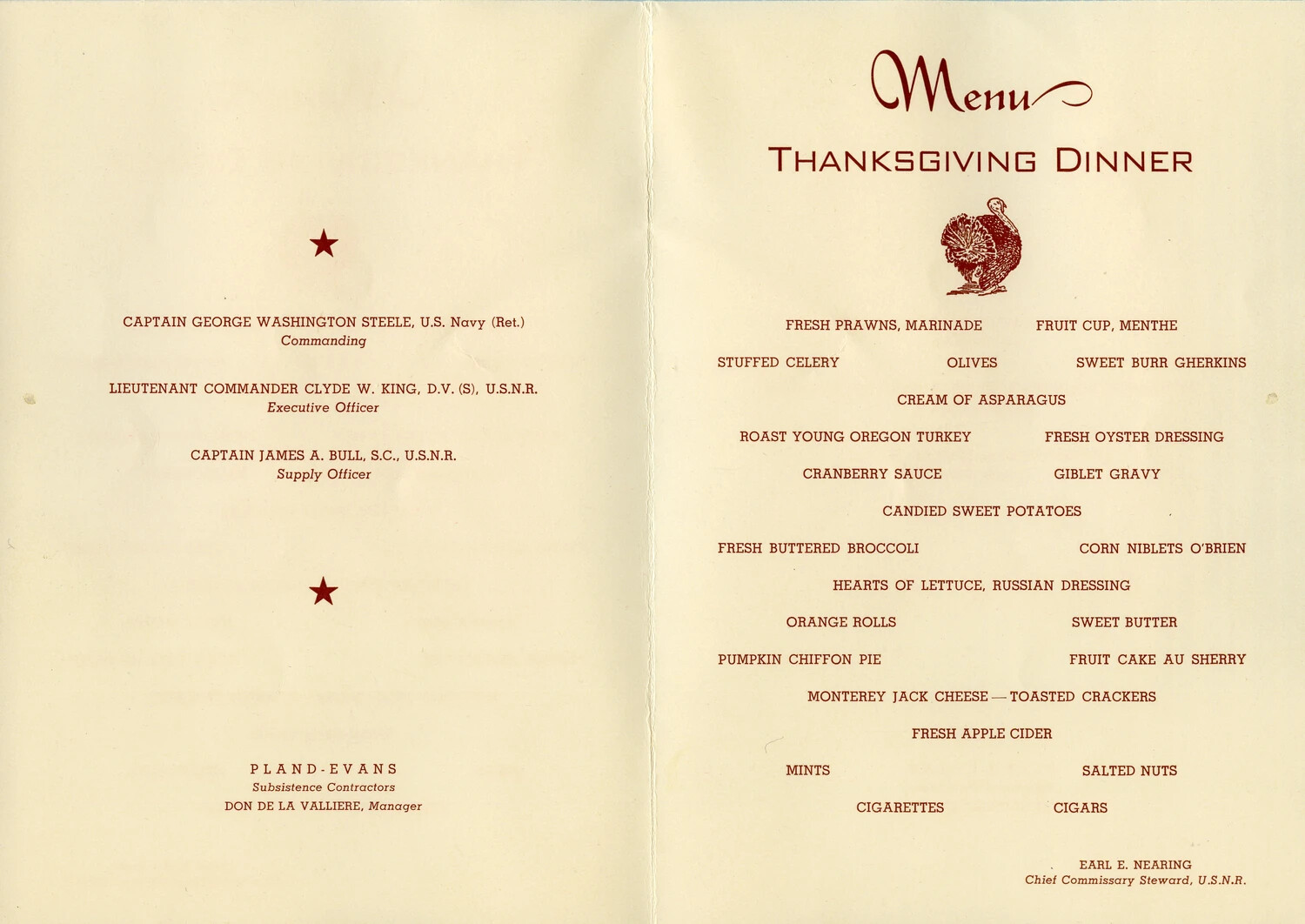 U.S. Navy Thanksgiving Dinner Menu Card, World War II Era
