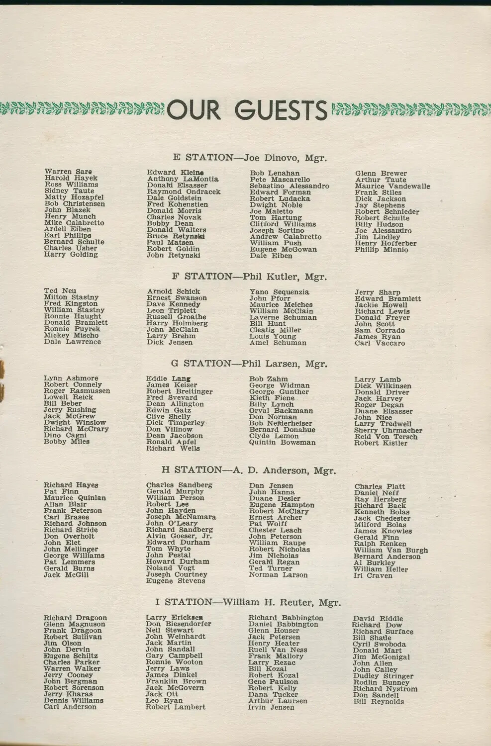 Printed Program Page: 'Our Guests' Roster by Station, with Named Managers