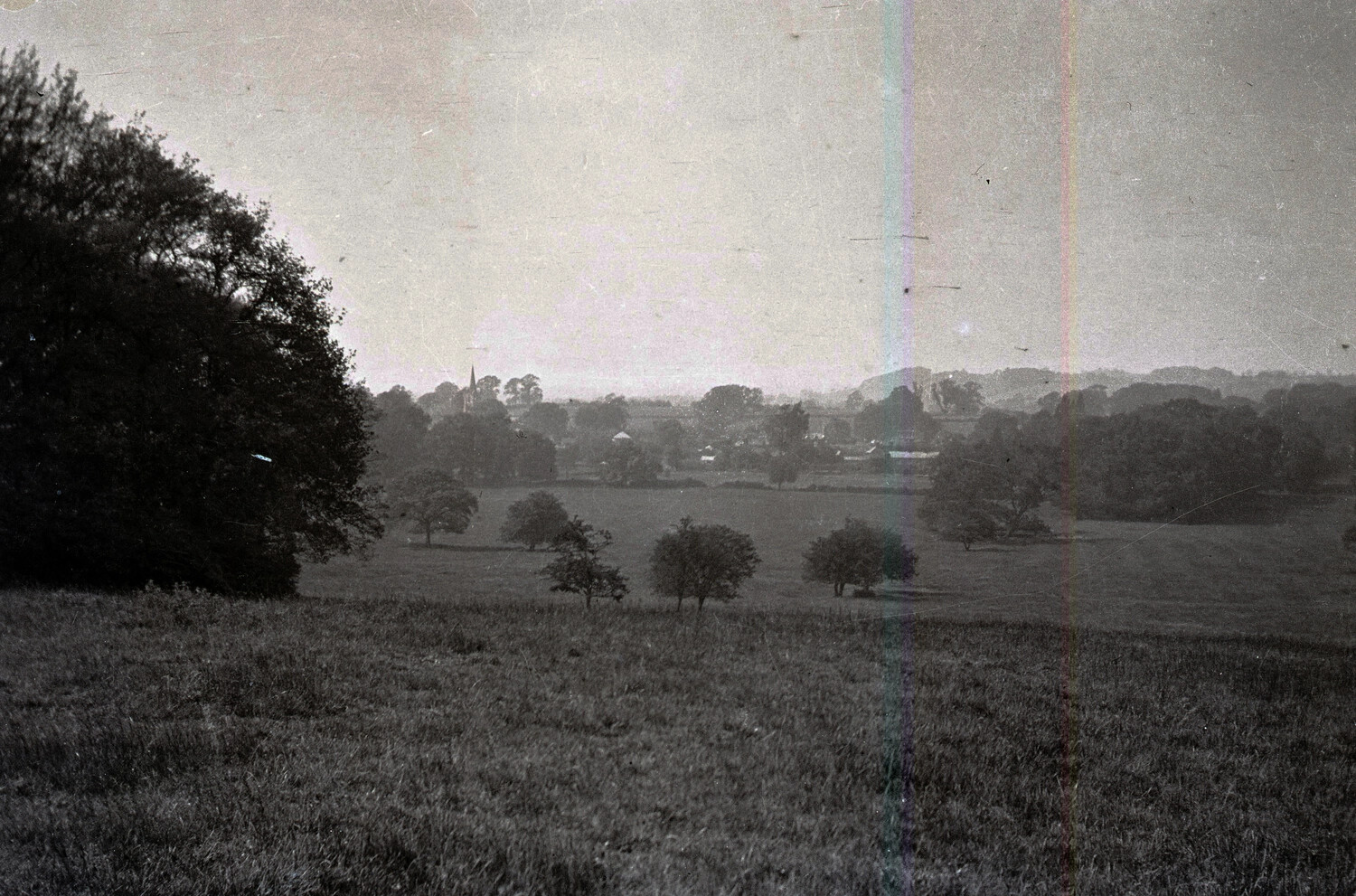 Rural European Landscape with Church Spire and Trees, WWI-Era Negative