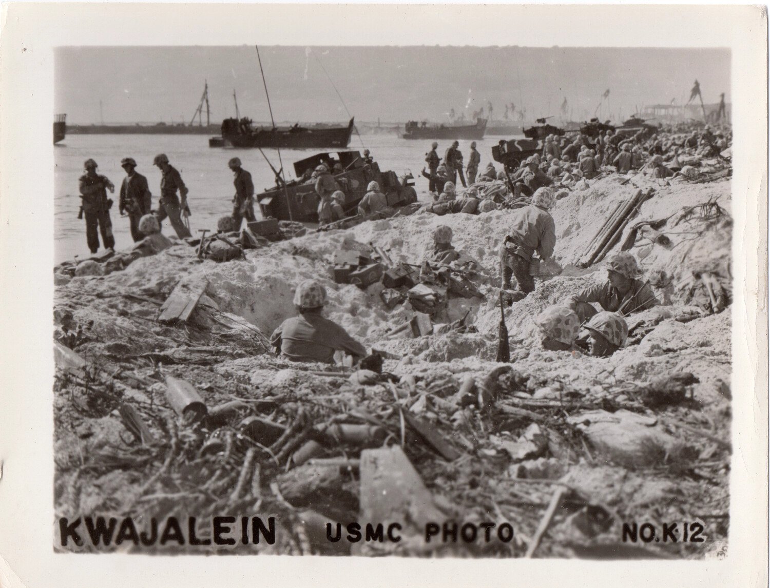 U.S. Marines Dug In on the Beachhead Amid Landing Craft, Kwajalein Atoll, 1944