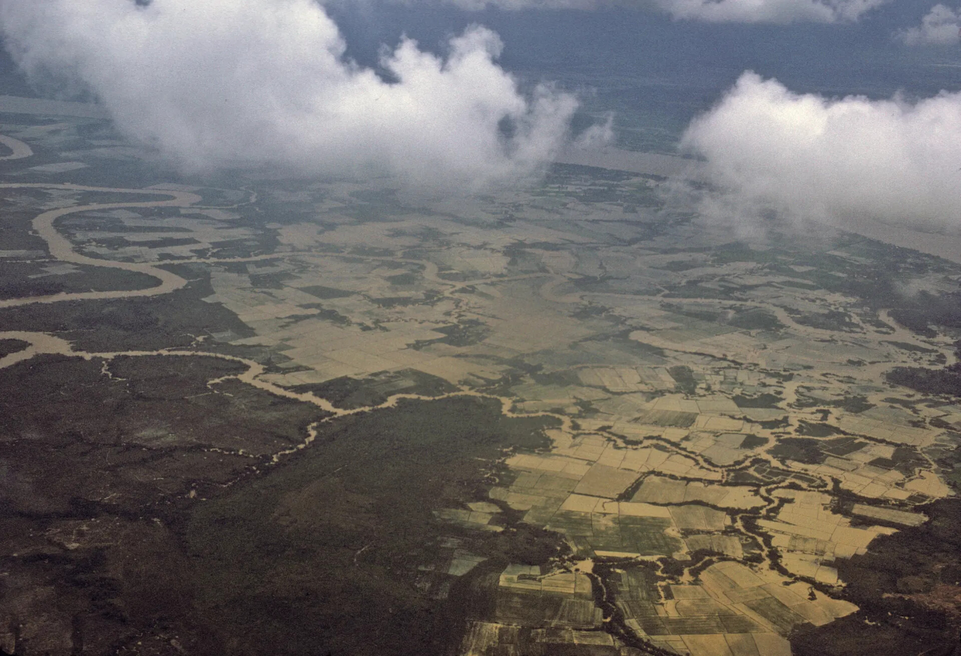Aerial View of Vietnamese River Delta and Rice Paddies, Vietnam War Era