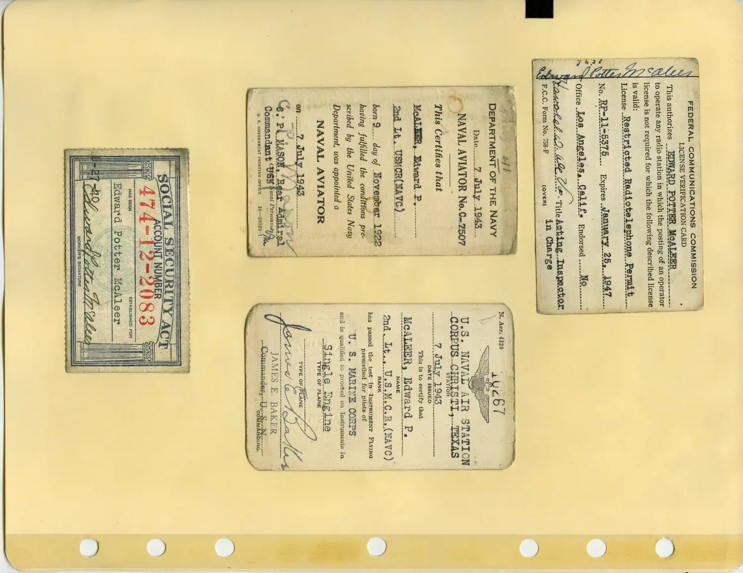 Scrapbook Page of Official Documents, 2nd Lt. Edward Potter McAleer, USMCR (NAVC), 1943
