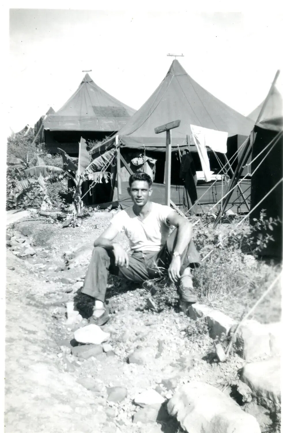 U.S. Marine Relaxing at Tent Camp, Pacific Theater, 5th Marine Division Collection, WWII