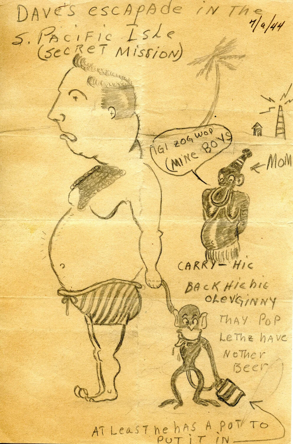 'Dave's Escapade in the S. Pacific Isle (Secret Mission)' - Hand-Drawn Cartoon, Dated 7/9/44