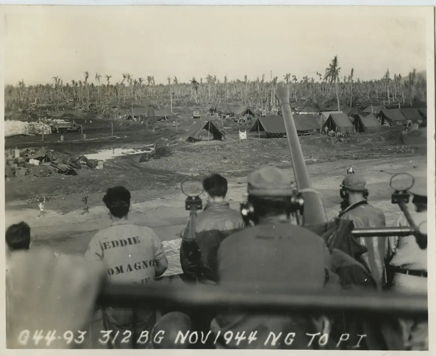 View of Shattered Palm Grove and Beach Encampment from LST Deck, November 1944