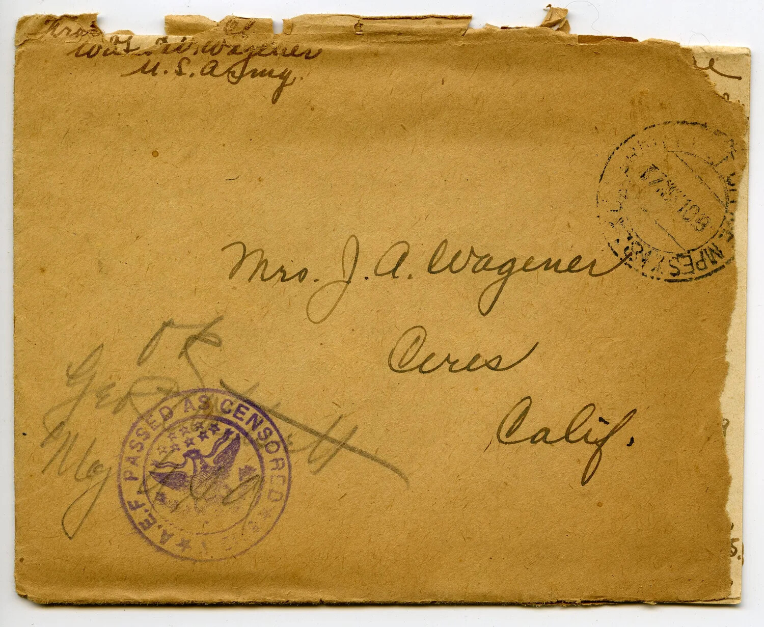 WWI Censored Envelope Addressed to Mrs. J.A. Wagener, Ceres, California