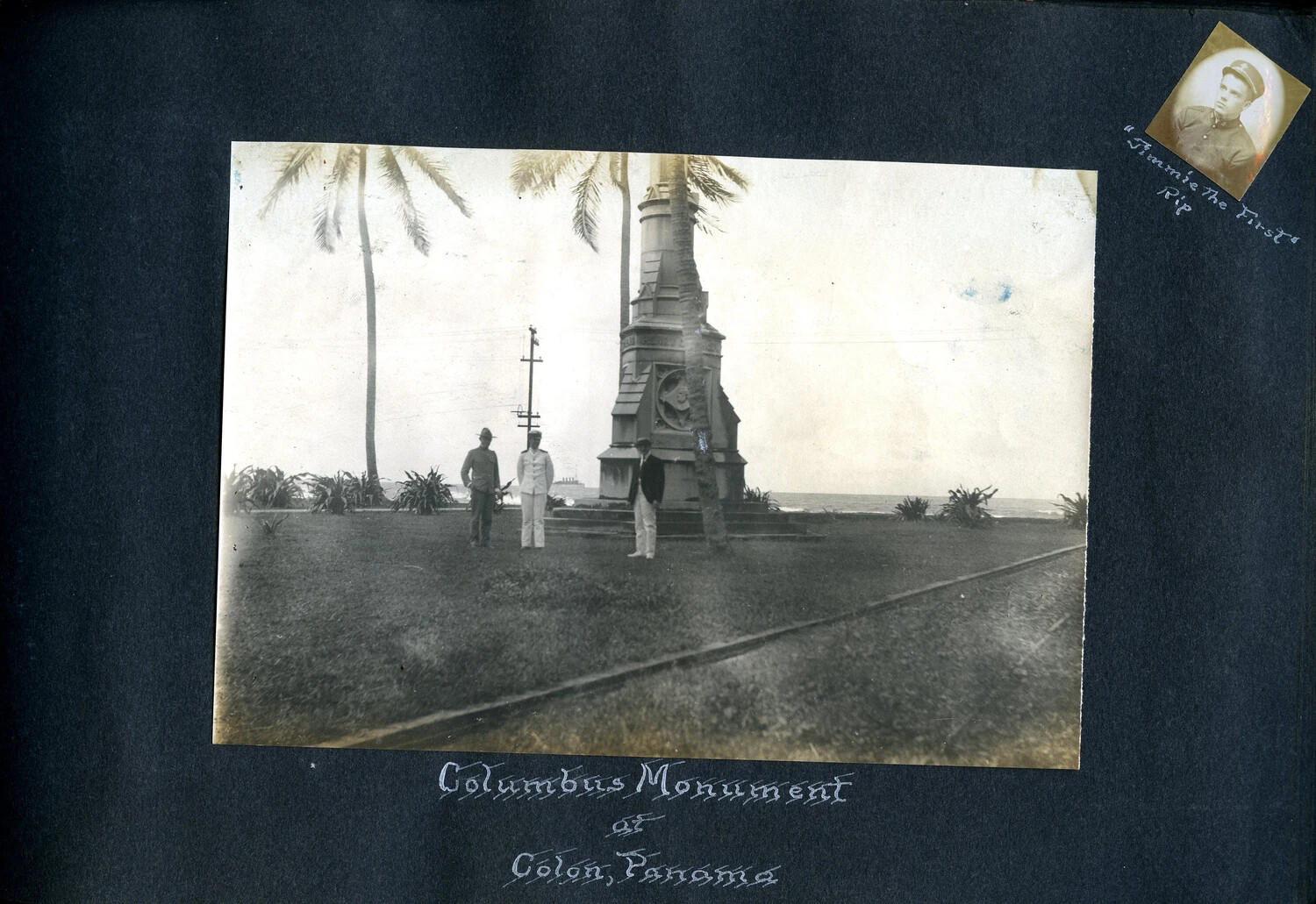 Album Page: 'Columbus Monument of Colon, Panama' with Sailor Portrait Inset - USS Columbia Photograph Album, c. 1900s-1910s
