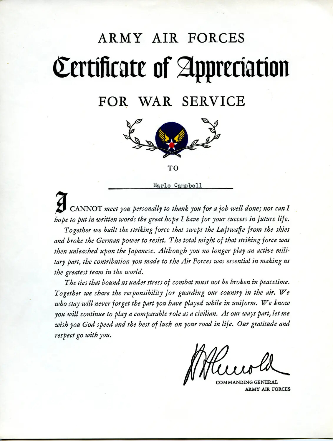 Army Air Forces Certificate of Appreciation for War Service, Issued to Earle Campbell