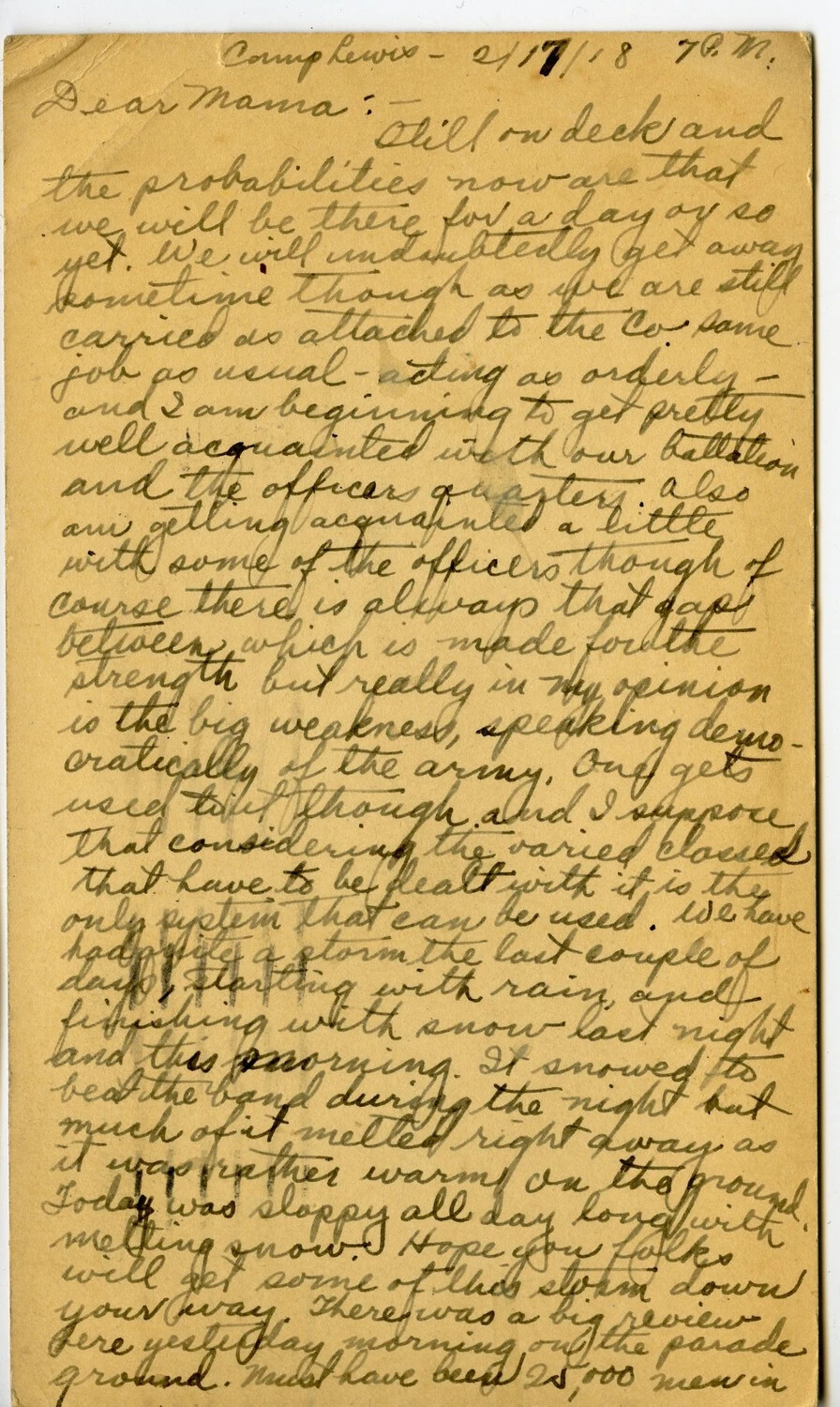 WWI Letter from Pvt. Willis W. Wagener, Camp Lewis, February 17, 1918