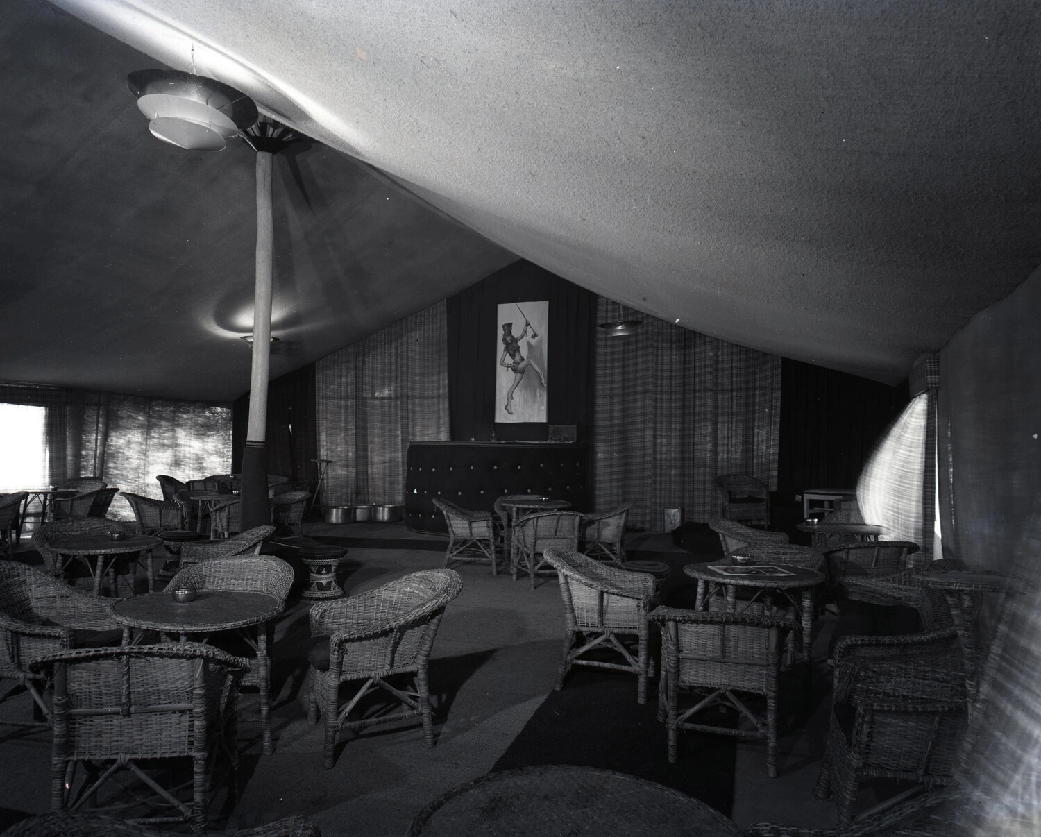 Squadron Officers' Club Interior with Wicker Furniture and Pin-Up Mural, CBI Theater, WWII