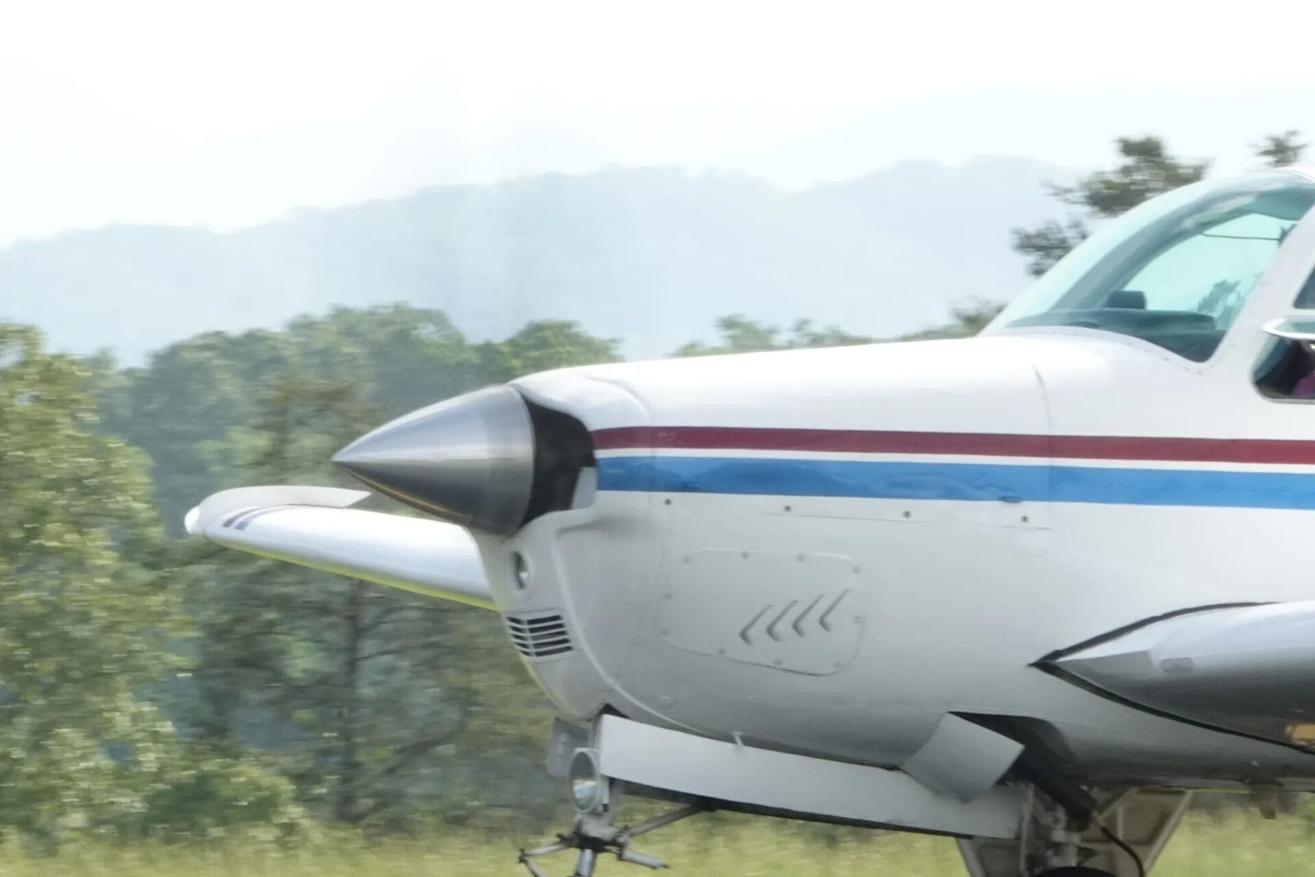 Beechcraft-type Twin-Engine Aircraft Nose Detail, Grass Airstrip Fly-In Event