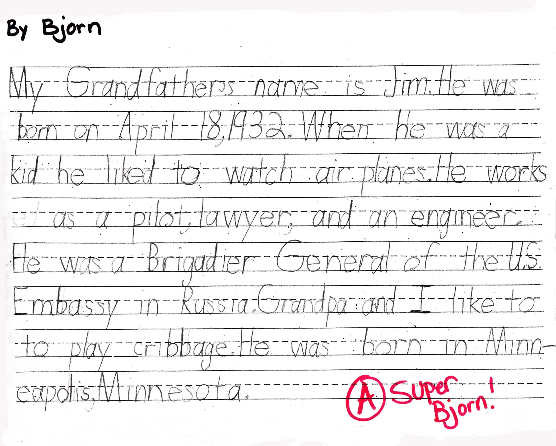 Handwritten School Essay: 'By Bjorn' - Biography of Grandfather Jim Wold