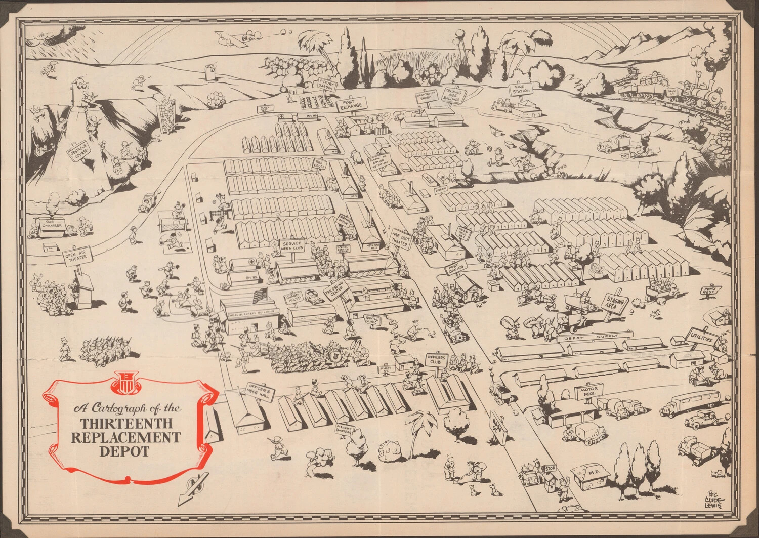 "A Cartograph of the Thirteenth Replacement Depot" - Illustrated WWII Army Camp Map by Pfc Clyde Lewis