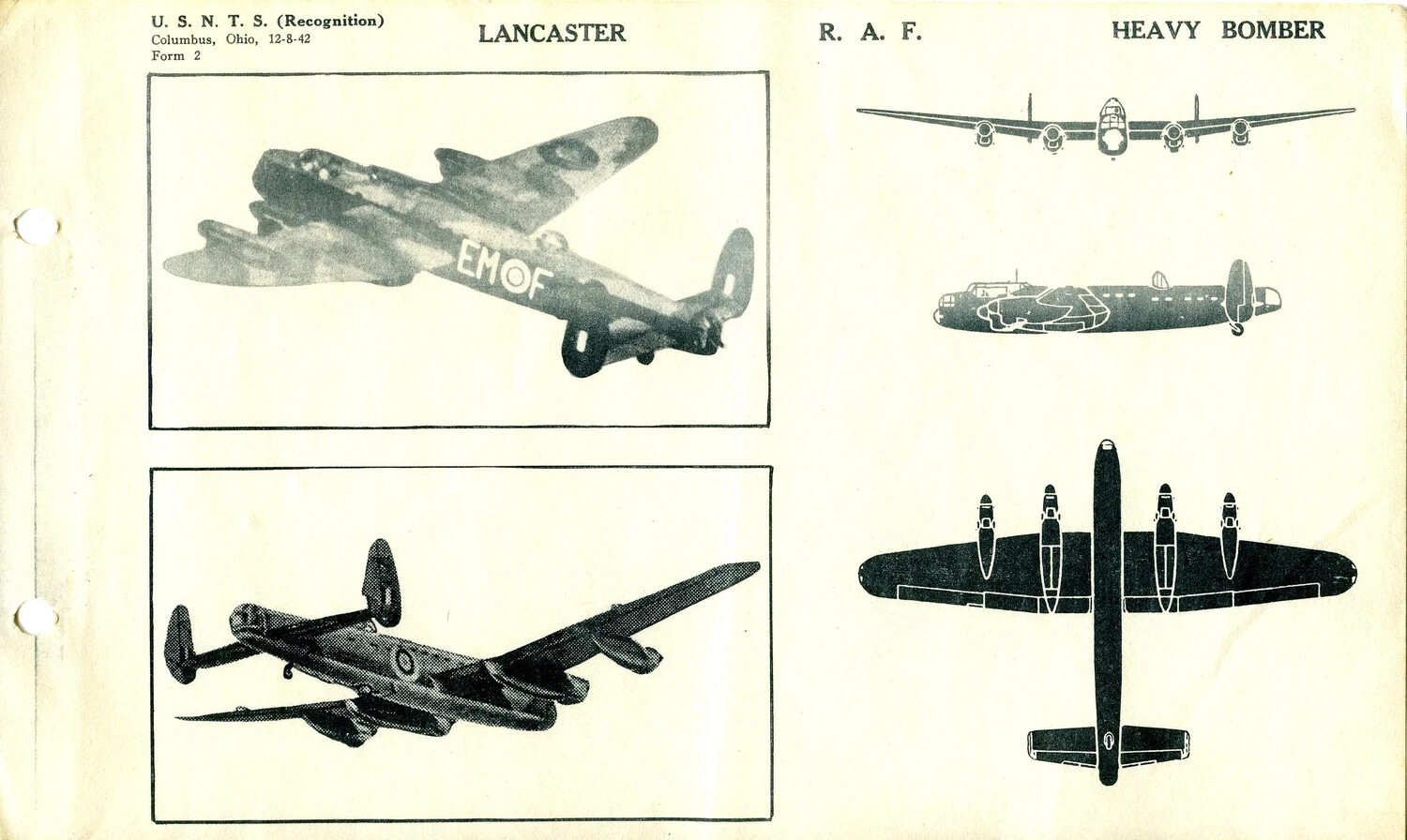 U.S. Navy Training School Aircraft Recognition Manual Page: Avro Lancaster, RAF Heavy Bomber, Form 2, Columbus Ohio, December 1942