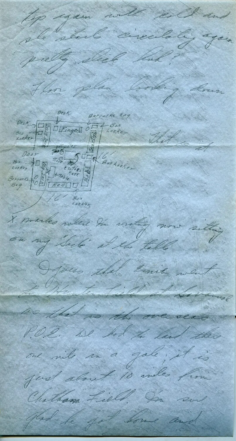 1944 Letter from Airman Margaroli with Hand-Drawn Barracks Floor Plan and Mention of Hunter Field, Savannah