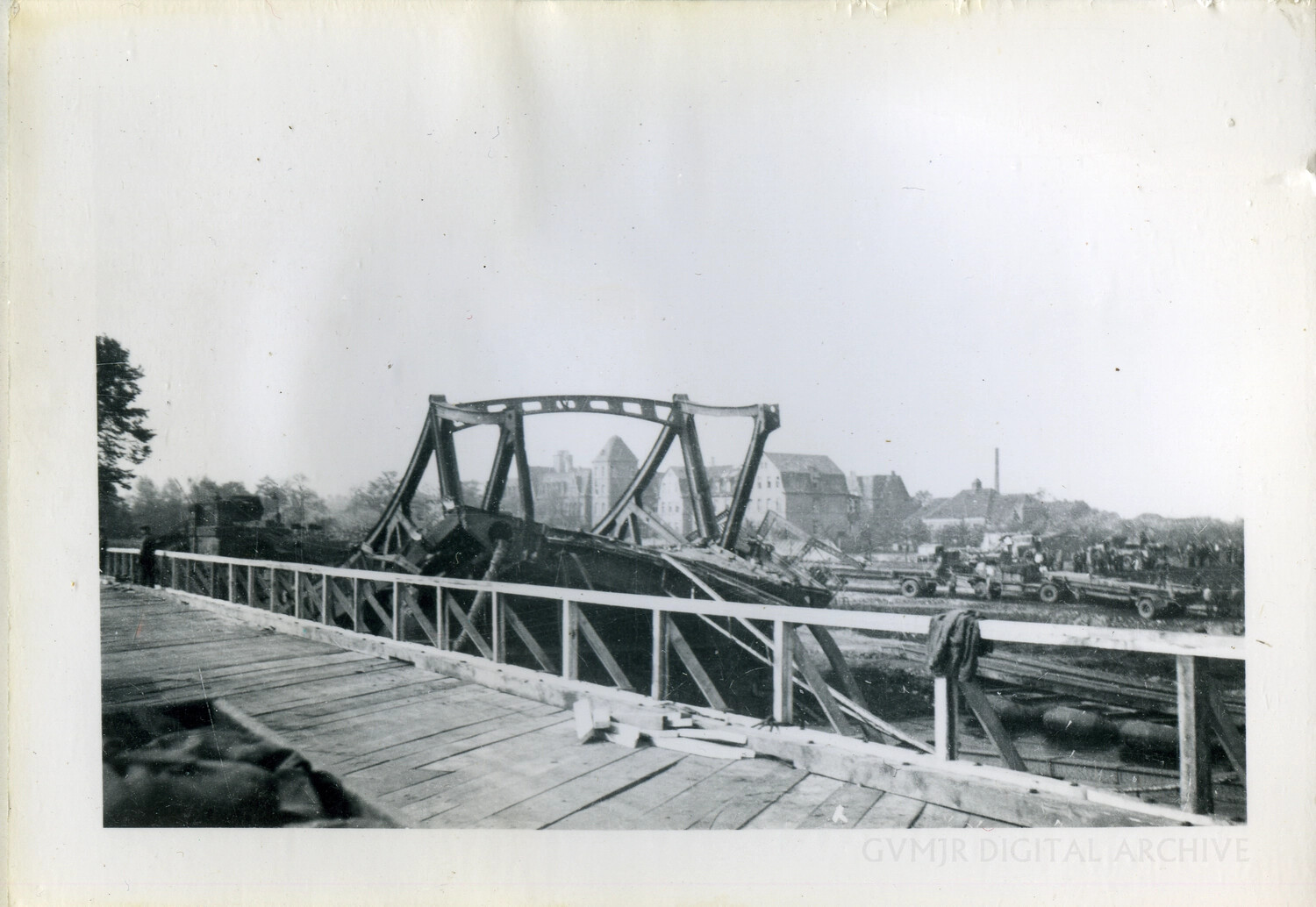 Demolished Steel Truss Bridge with Temporary Wooden Crossing, European Town, WWII