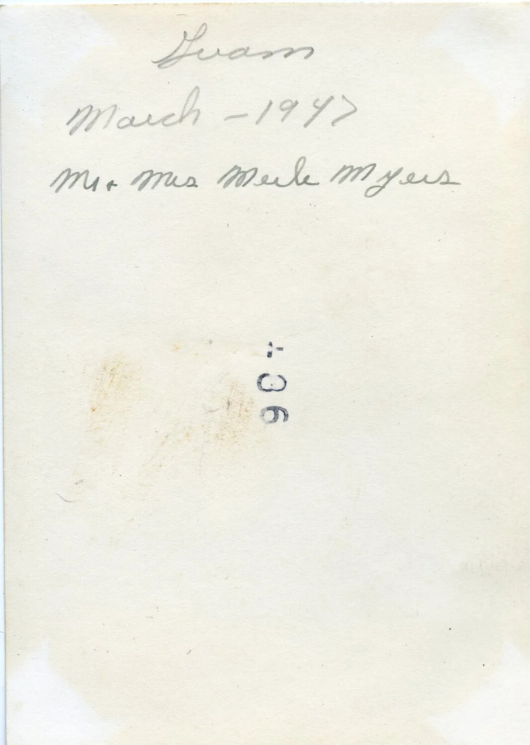 Verso Caption, 'Guam, March 1947 -- Mr. and Mrs. Merle Myers,' VR-6 Squadron Album