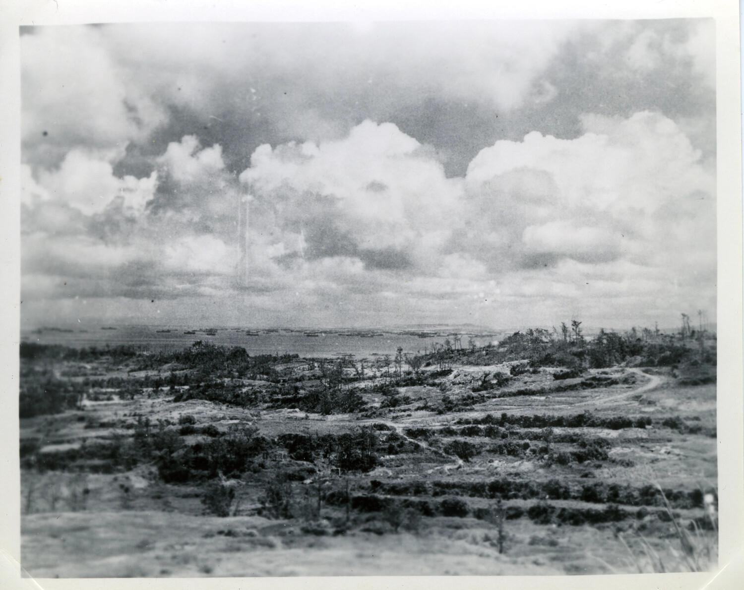 Battle-Scarred Hillside Overlooking Anchorage, Okinawa, 1945