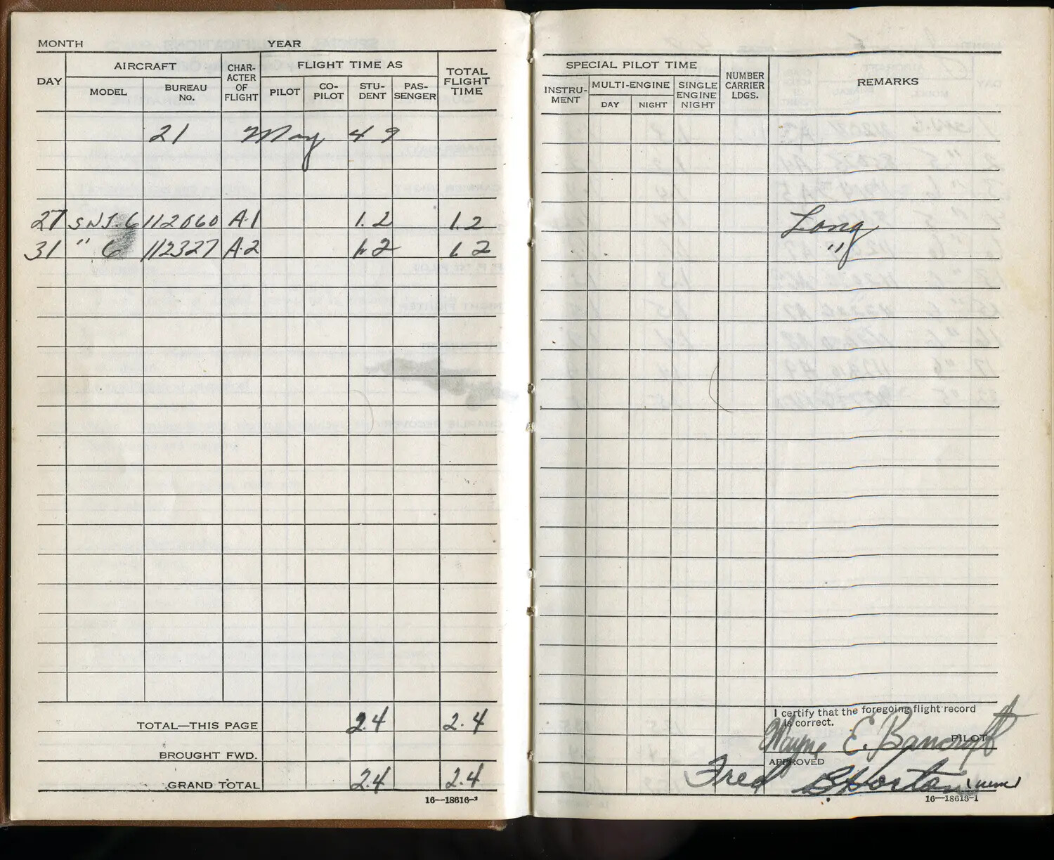 U.S. Navy Pilot's Flight Logbook Page, Wayne E. Bancroft, May 1949 (SNJ Trainer Flights)