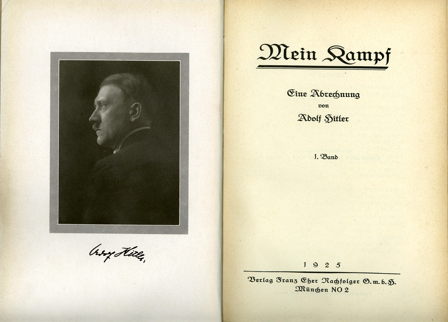 Frontispiece and Title Page of the 1925 First Edition of 'Mein Kampf' by Adolf Hitler, Nuremberg Trial Documentation Collection