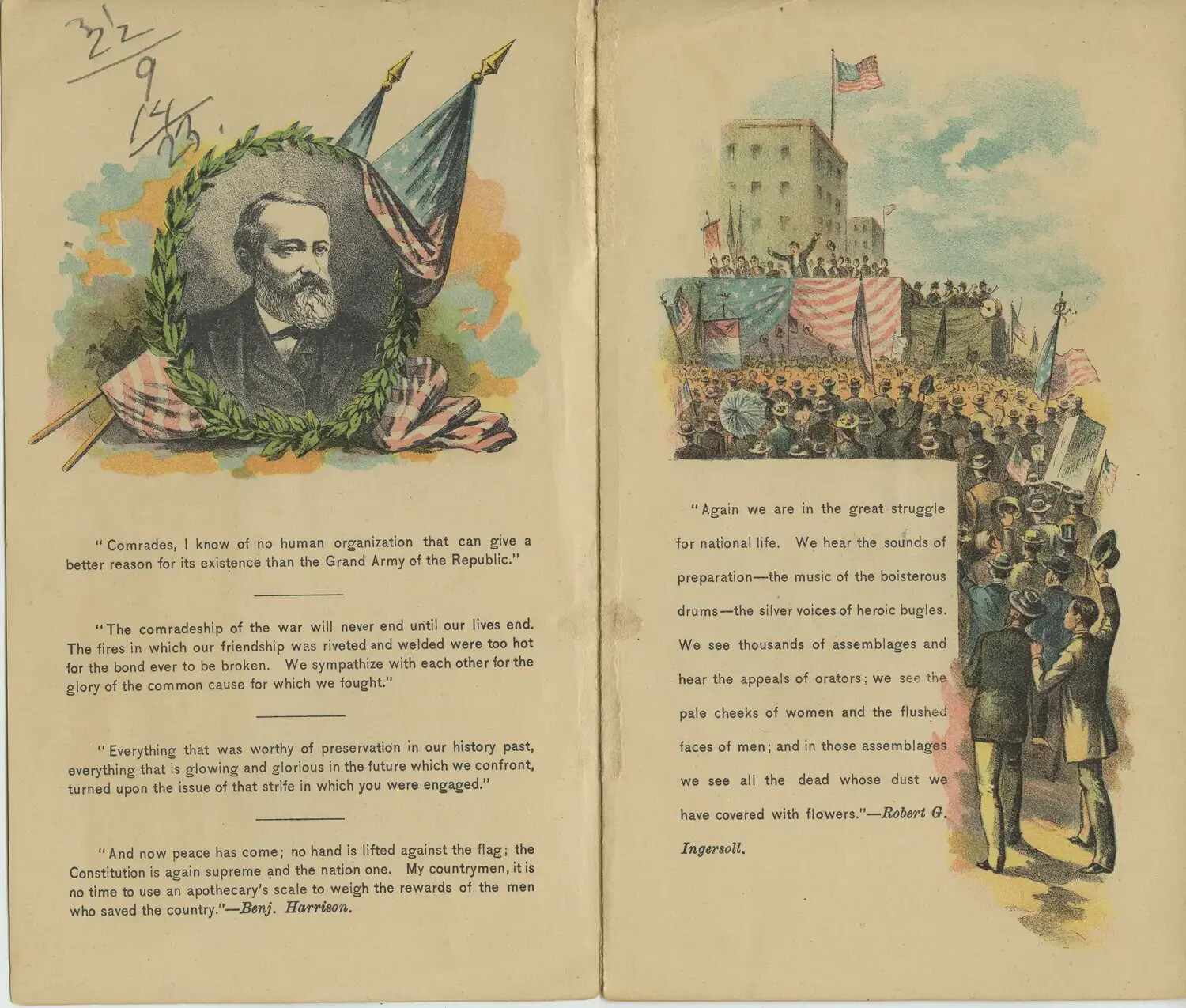 Grand Army of the Republic Memorial Pamphlet Pages Featuring Benjamin Harrison and Robert G. Ingersoll Quotations