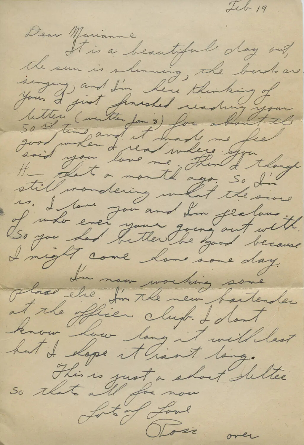 Handwritten Wartime Letter from 'Ross' to 'Marianne,' Dated February 19