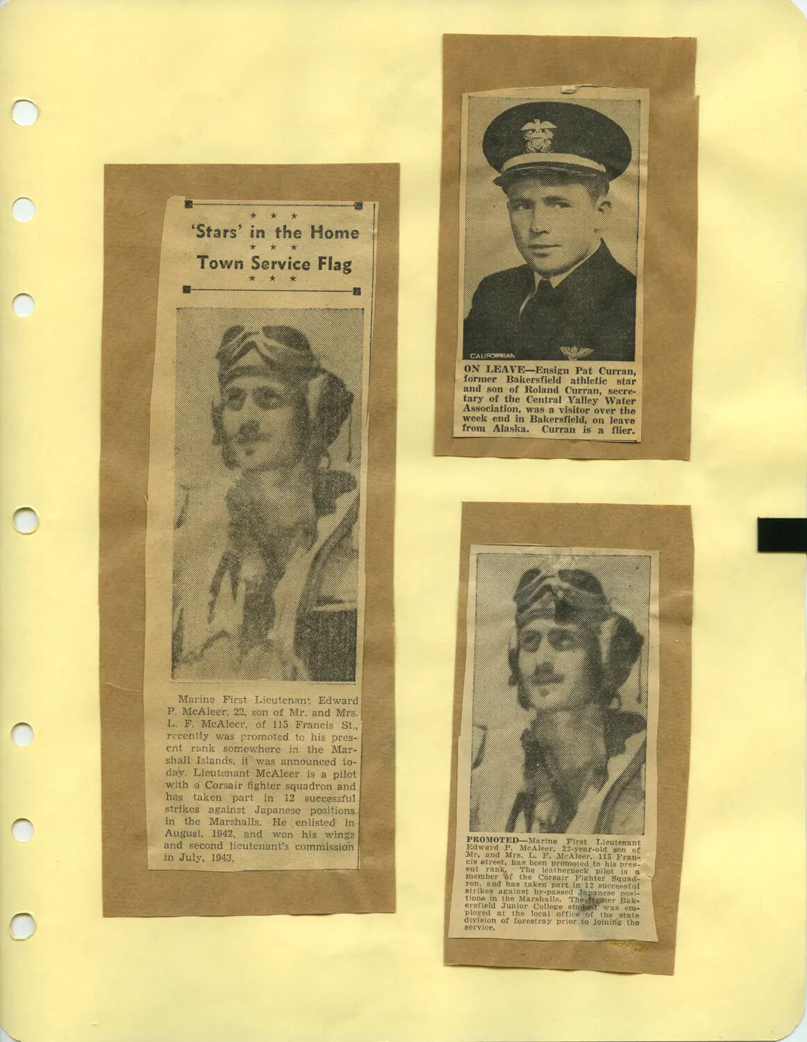 Scrapbook Page with Newspaper Clippings on Lt. Edward P. McAleer and Ensign Pat Curran, WWII Home Front Coverage