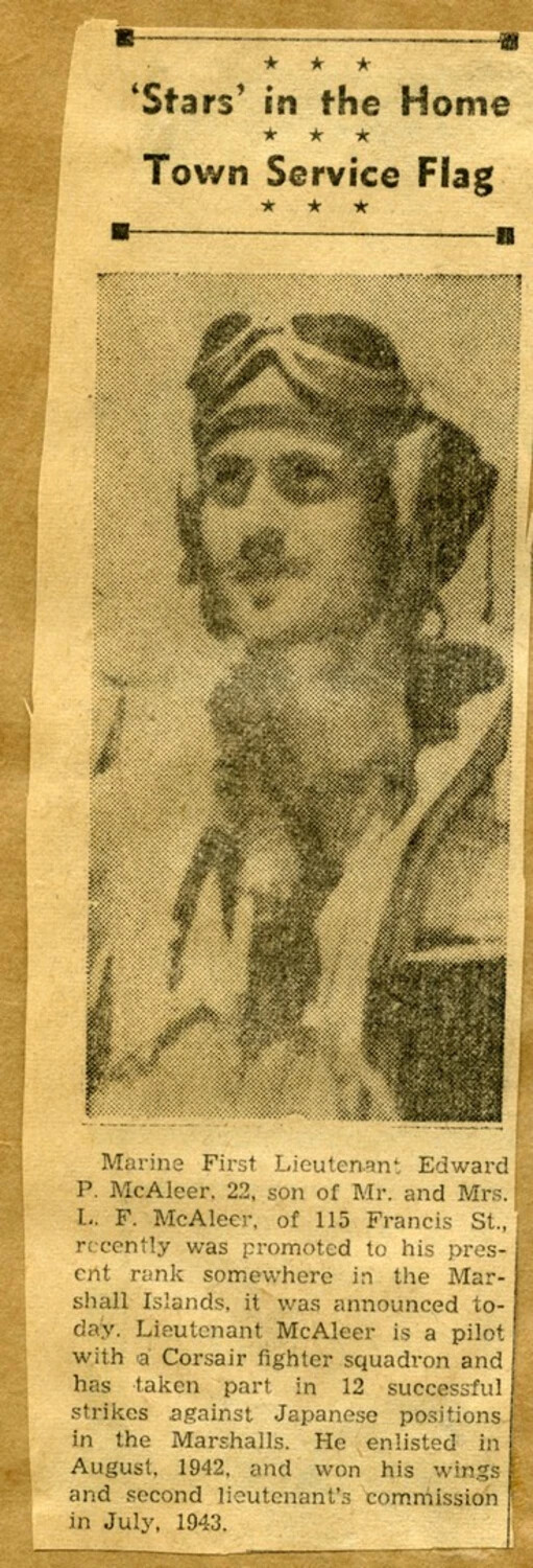 Newspaper Clipping: 'Stars in the Home Town Service Flag' - 1st Lt. Edward P. McAleer, USMC