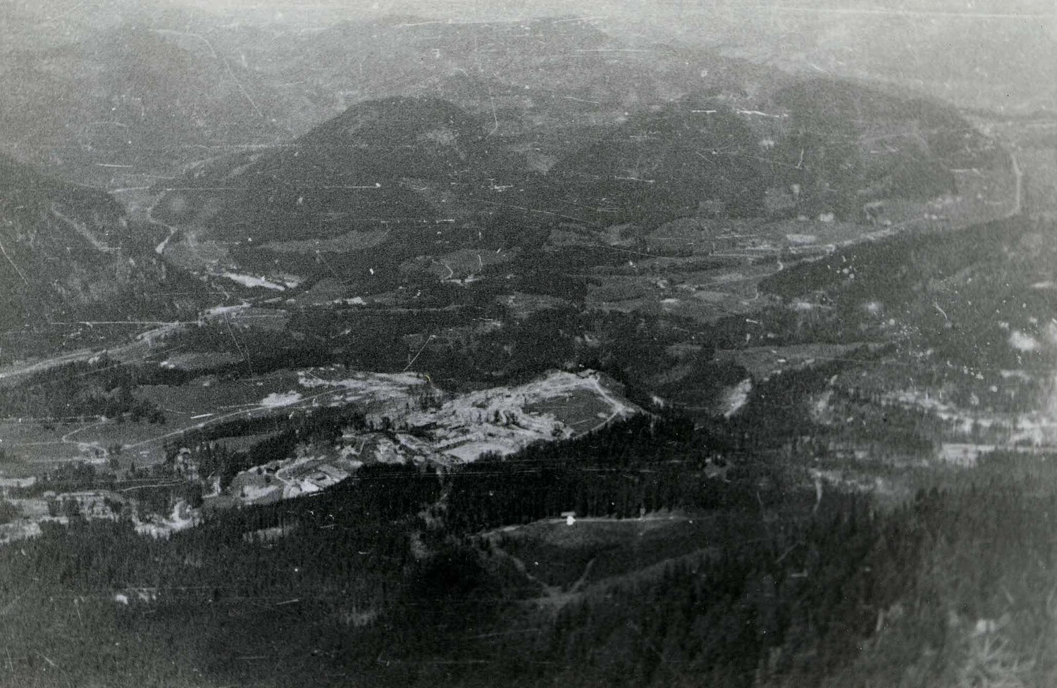 Aerial View of the Bomb-Damaged Obersalzberg Compound from the Eagle's Nest, Germany, 1945