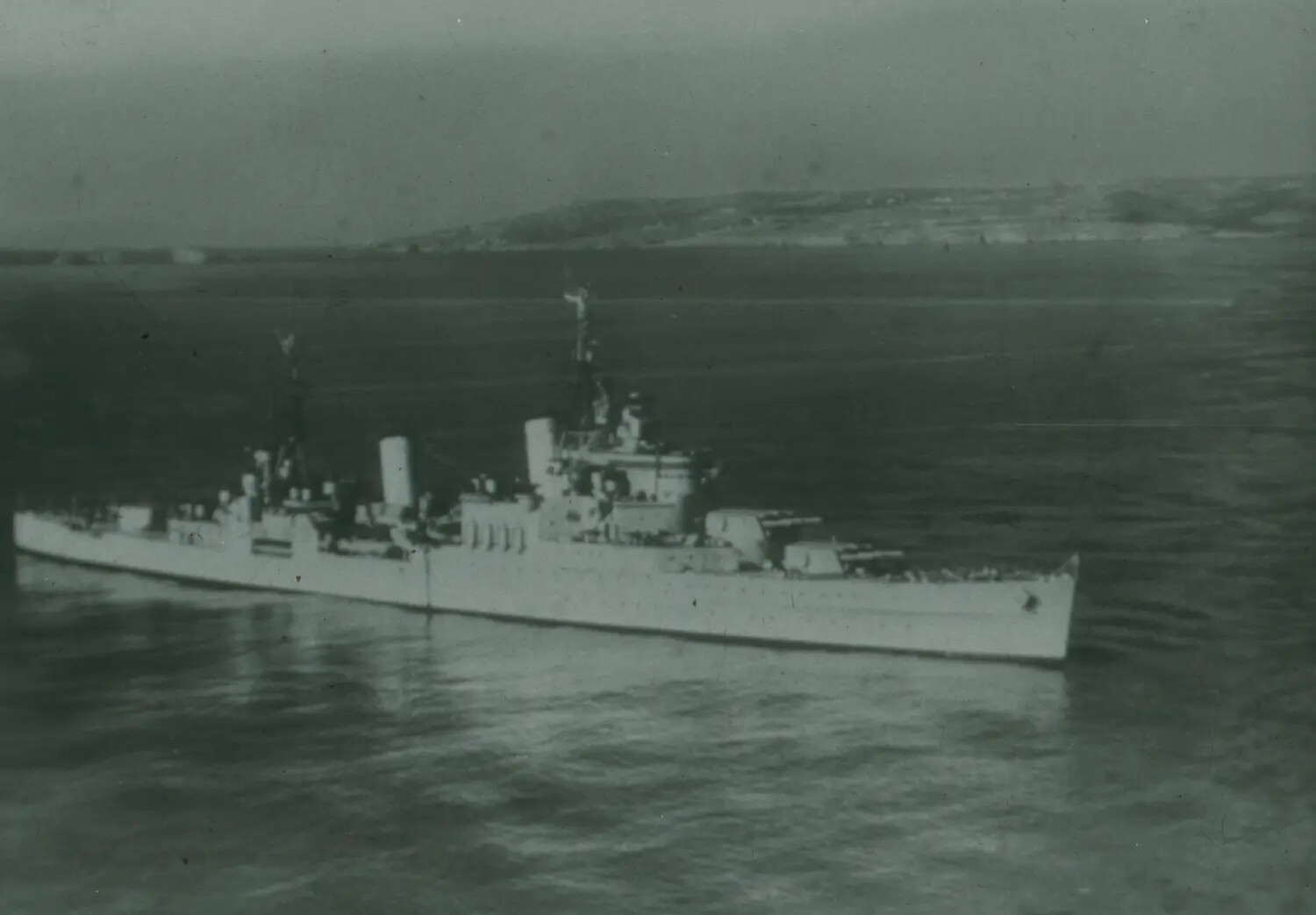 Light-Hulled Warship at Anchor in Harbor, Pre-War/WWII-Era 35mm Negative