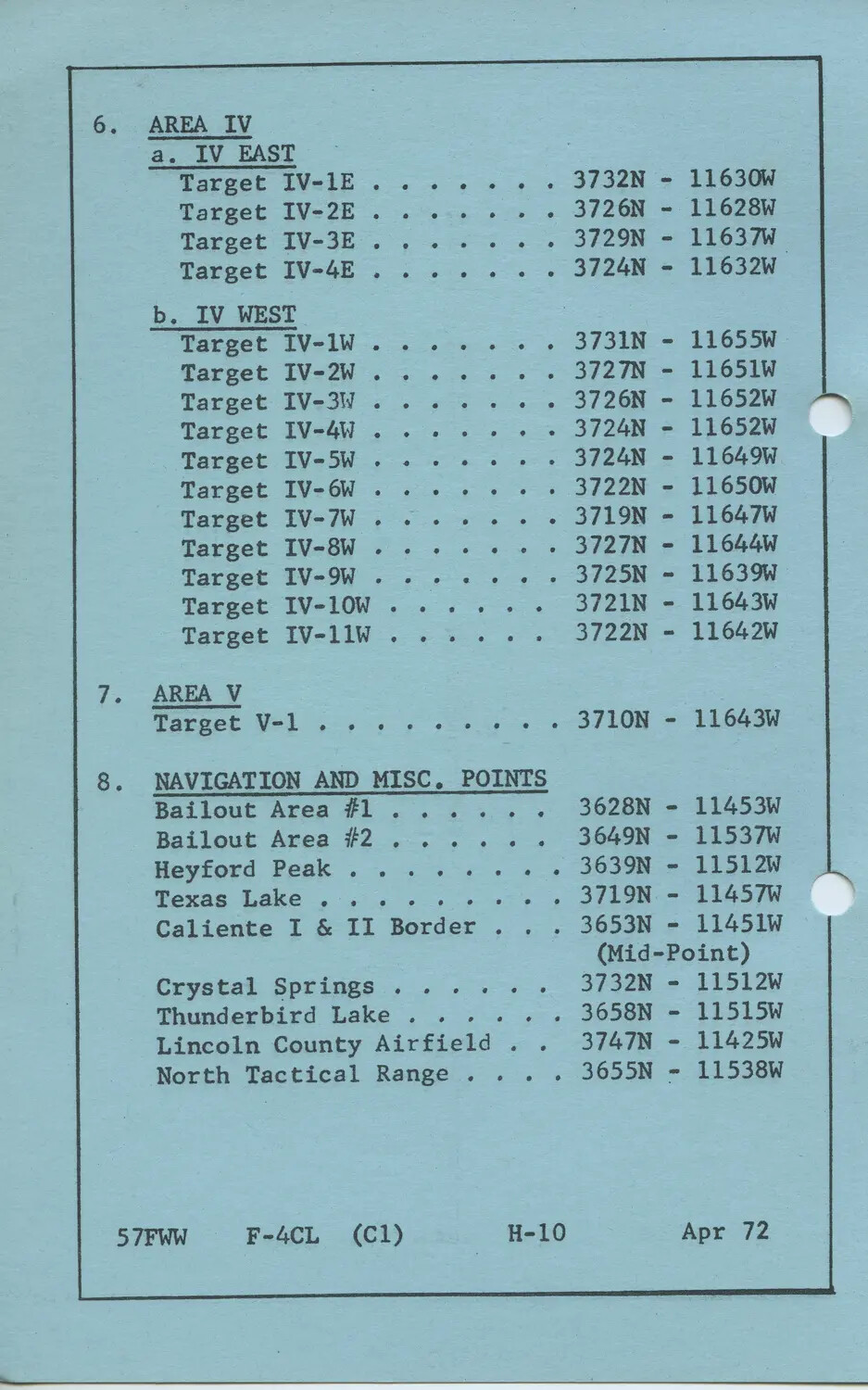 57th Fighter Weapons Wing F-4 Range Target Coordinate List, April 1972