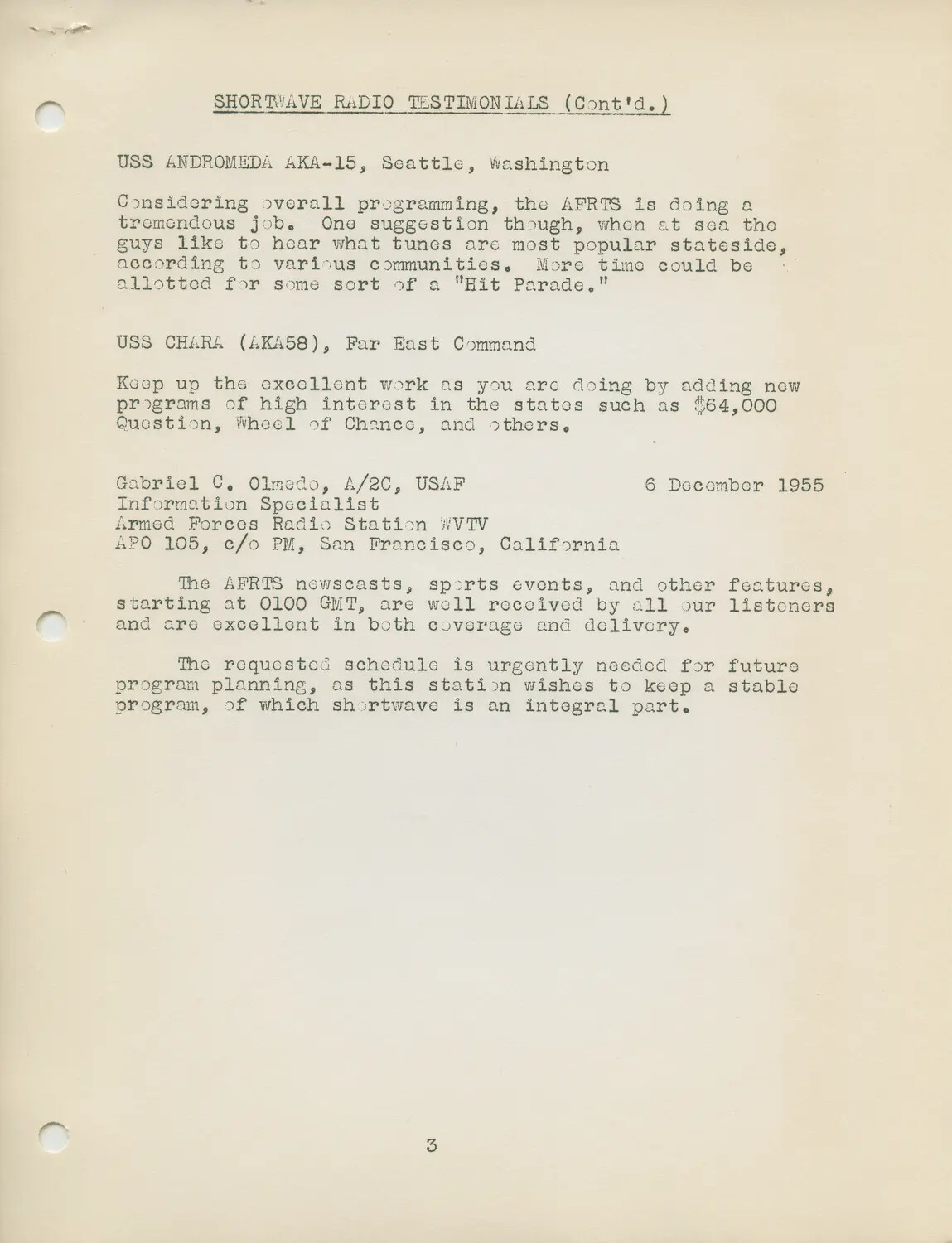 AFRTS Shortwave Radio Testimonials Document — Armed Forces Radio Station WVTV, 1955